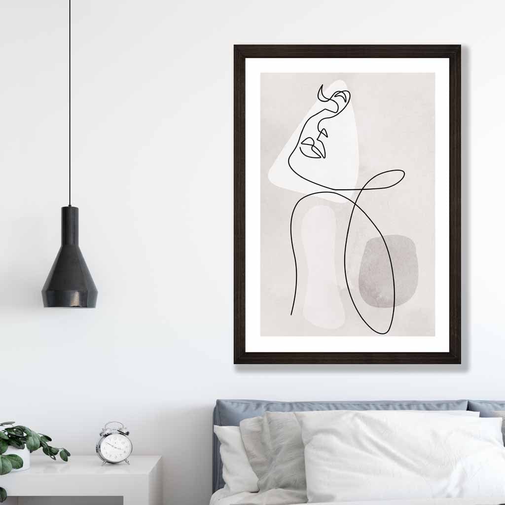 Grey Beige Abstract Line Art Female Face Art Poster No 3
