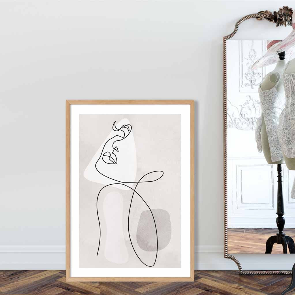 Grey Beige Abstract Line Art Female Face Art Poster No 3