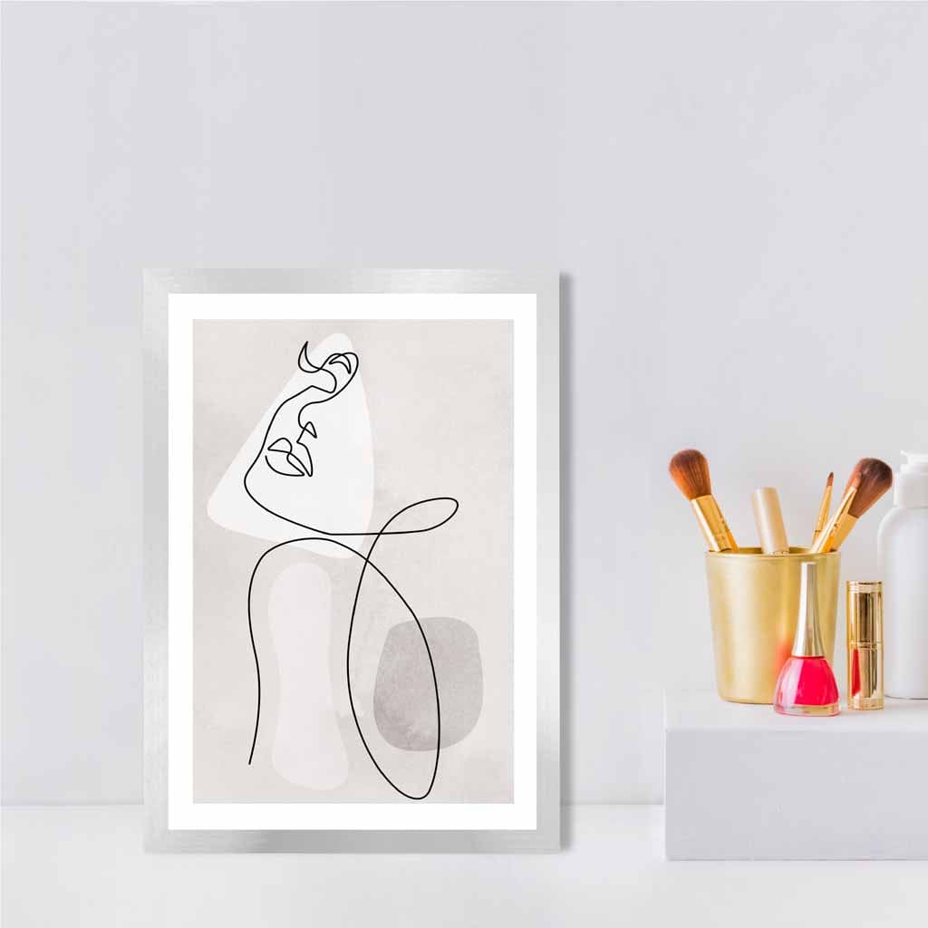 Grey Beige Abstract Line Art Female Face Art Poster No 3