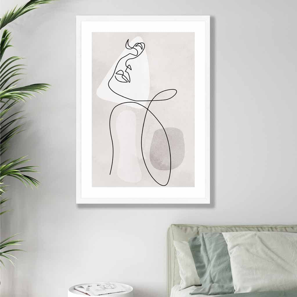 Grey Beige Abstract Line Art Female Face Art Poster No 3