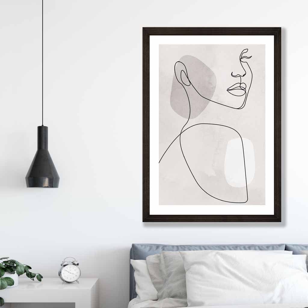 Grey Beige Abstract Line Art Female Face Art Poster No 1