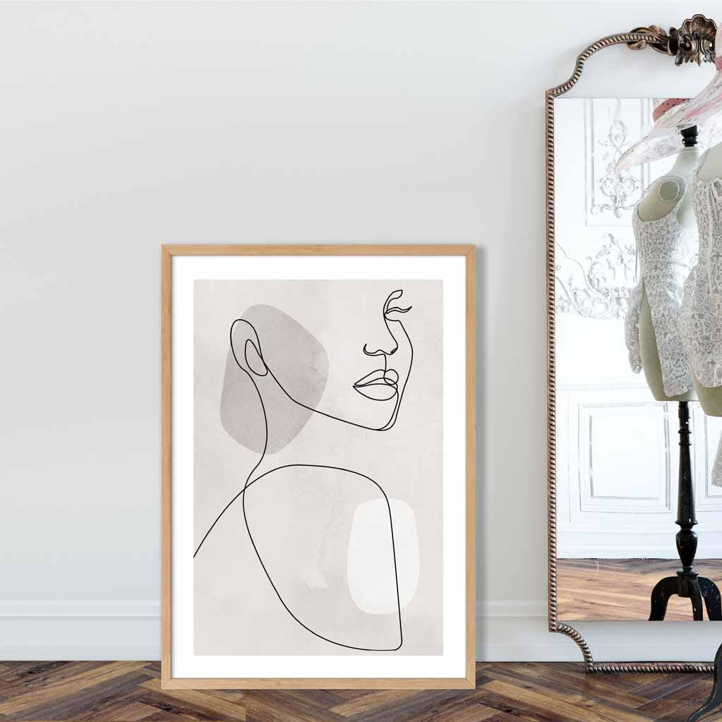 Grey Beige Abstract Line Art Female Face Art Poster No 1