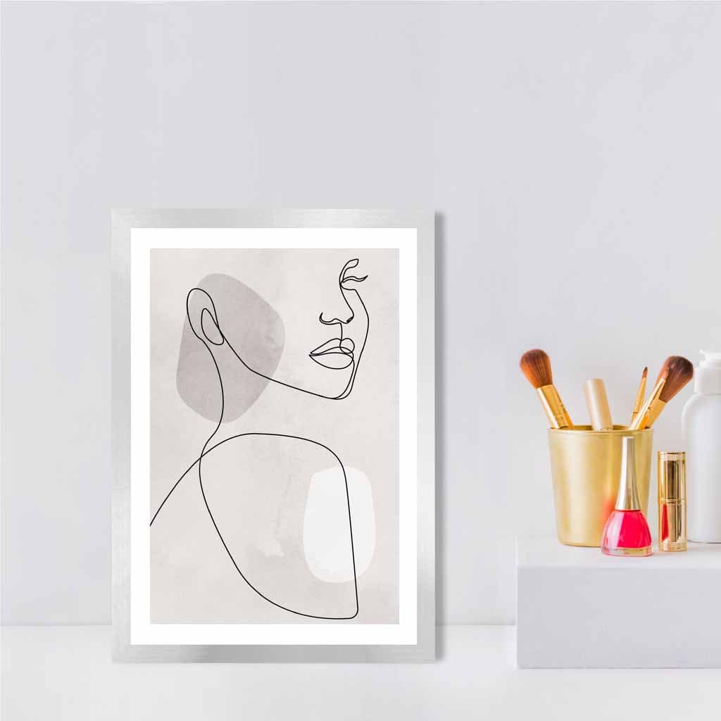 Grey Beige Abstract Line Art Female Face Art Poster No 1