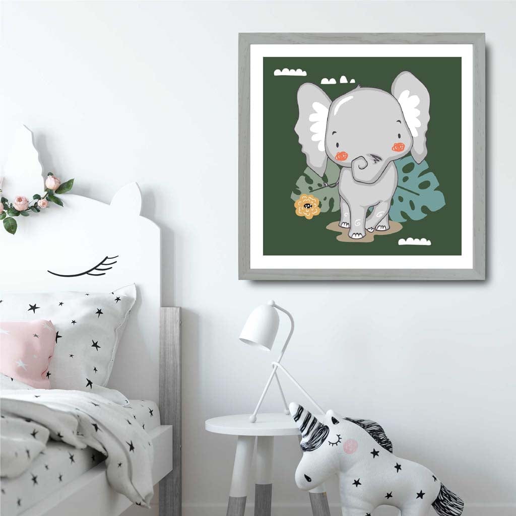 Cute Elephant Poster on Dark Green Jungle Kids Wall Art