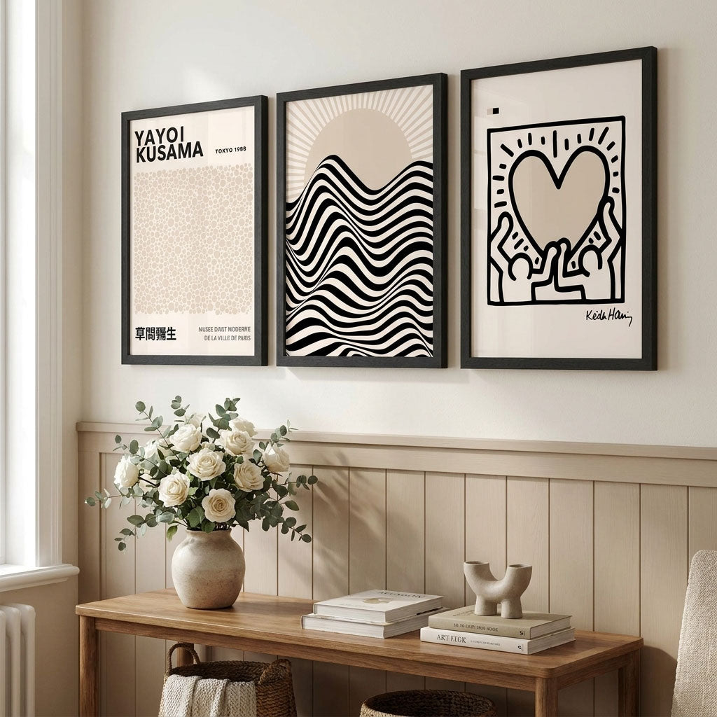 Luxury Hallway Featuring a Set of 3 Beige Bauhaus, Yayoi Kusama and Keith Haring Modern Framed Wall Art with Black Wooden Frames