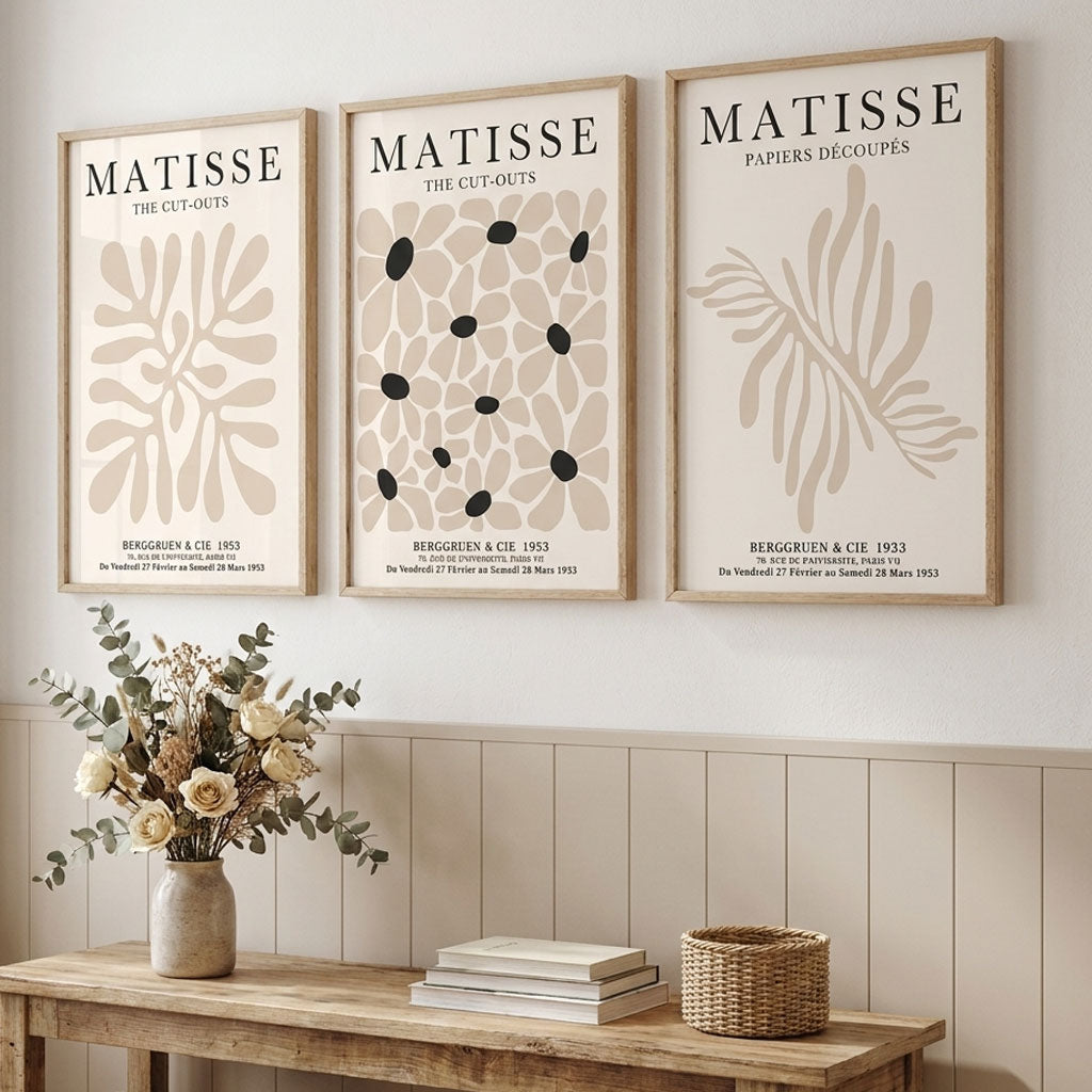 Luxury Home Decor featuring a Set of 3 Matisse Floral Neutral Beige Art Prints in Oak Frames | Artze UK