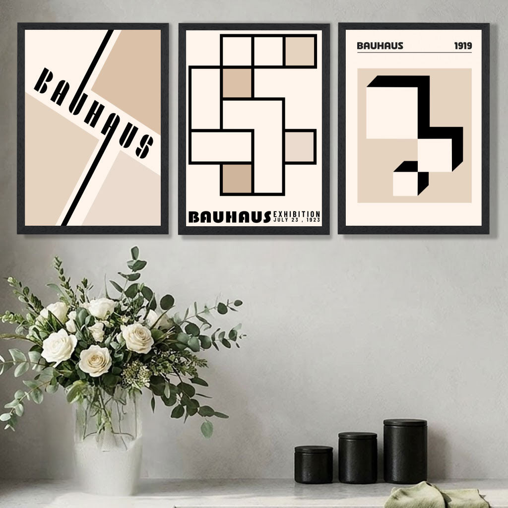 Luxury decor with a Set of 3 Bauhaus Geometric Neutral Beige Art Prints in Black Frames | Artze UK