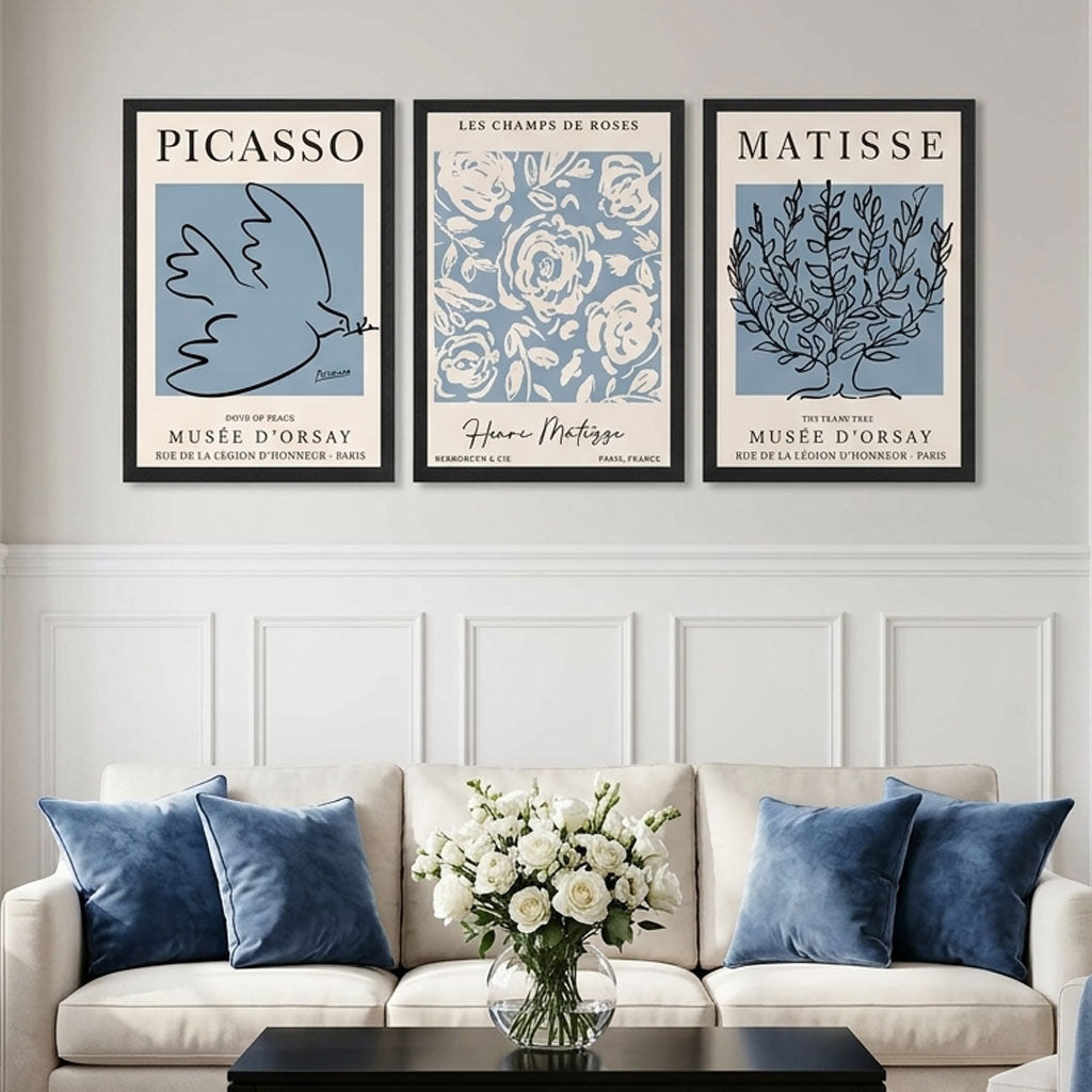 Luxury interior with a Set of 3 Minimal Picasso,Matisse Light Blue Nature Themed Art Prints in Black Frames | Artze UK