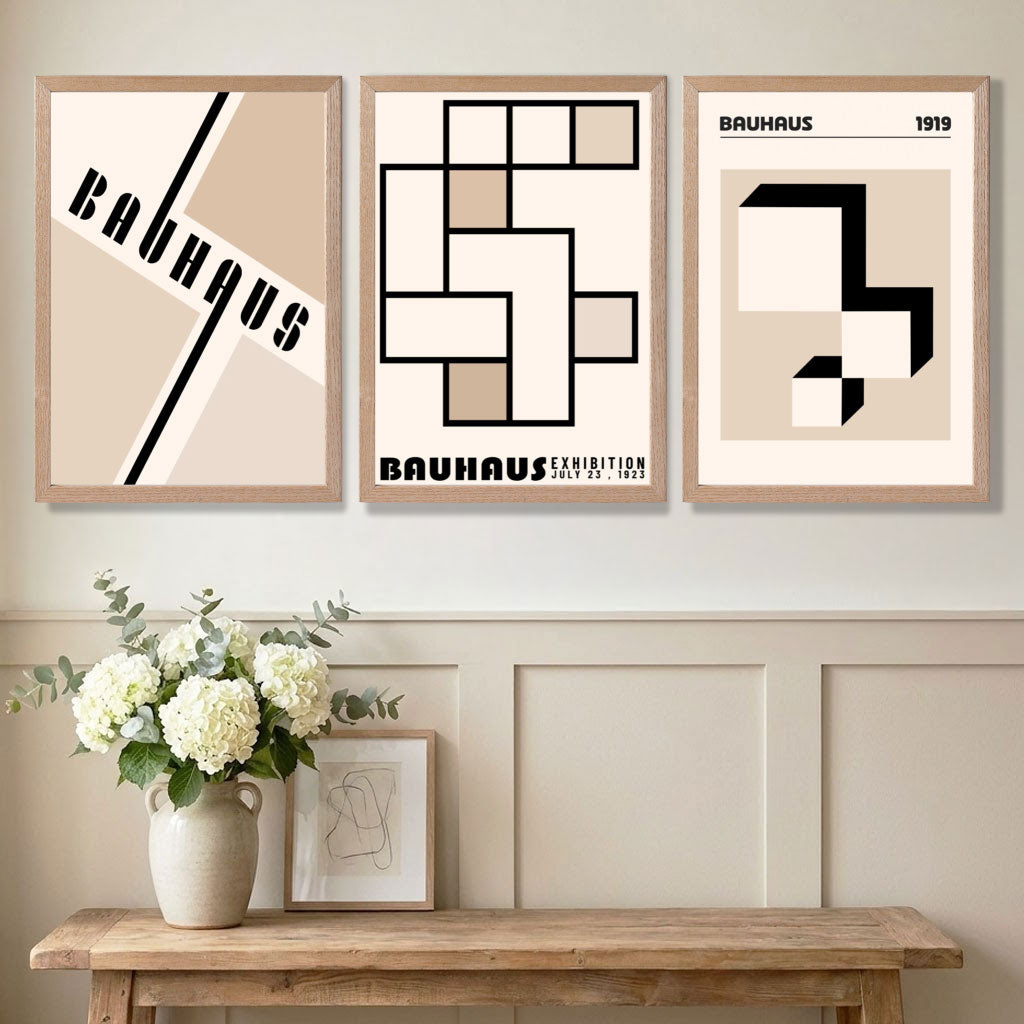Mid Century Modern decor with a Set of 3 Bauhaus Geometric Neutral Beige Art Prints in Oak Frames | Artze UK
