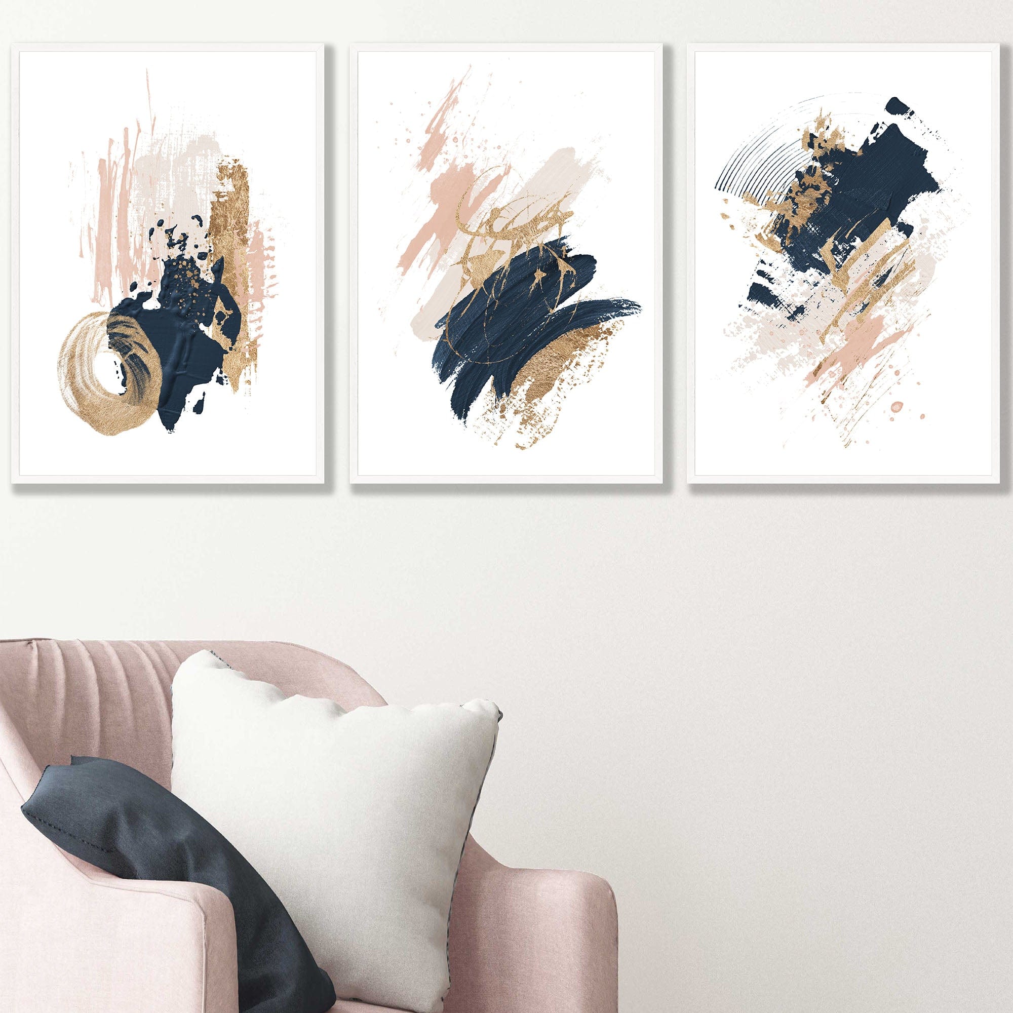 Set of 3 Abstract Posters from Oil Paintings Navy, Gold, Pink
