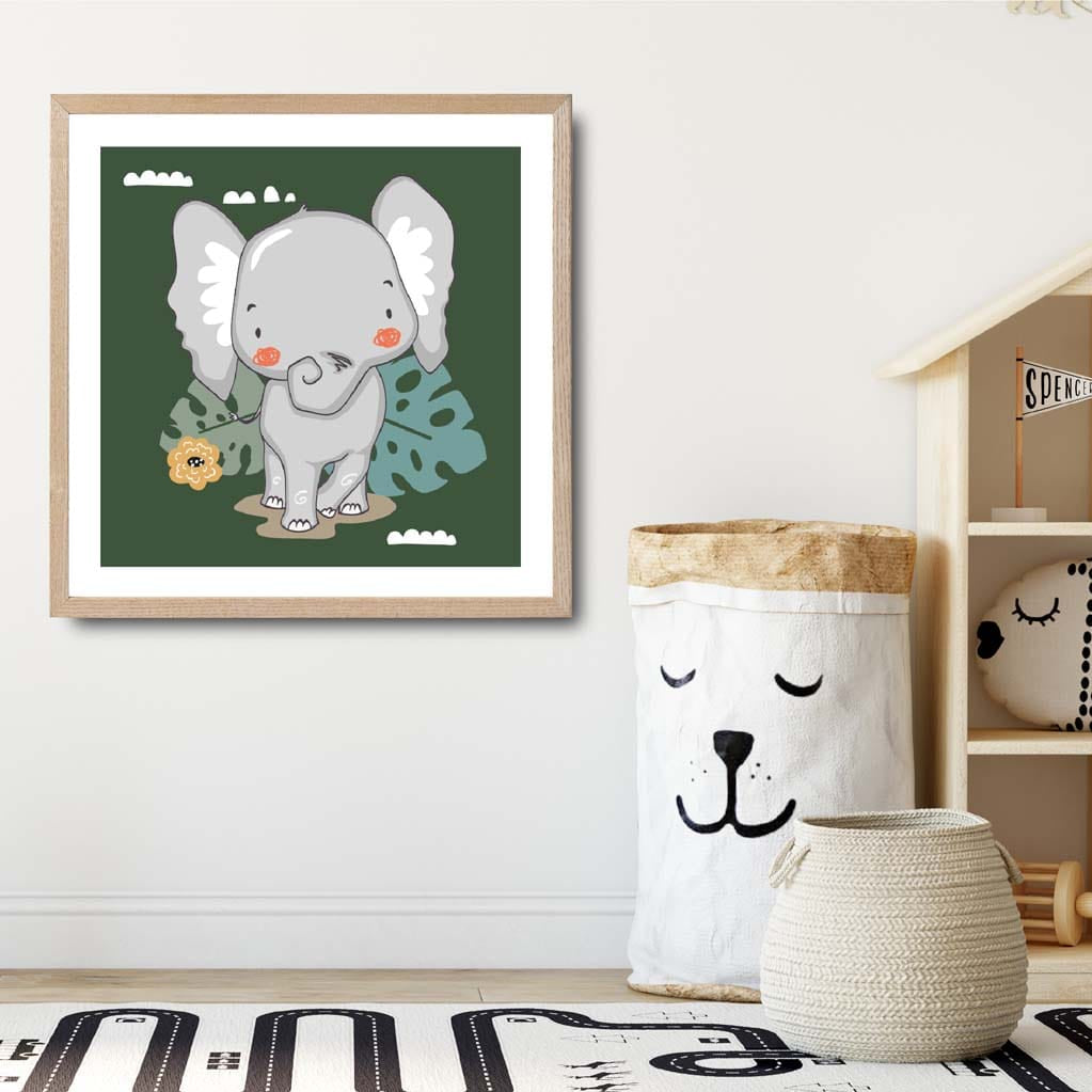 Cute Elephant Poster on Dark Green Jungle Kids Wall Art