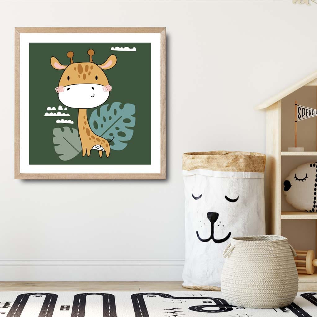 Cute Giraffe Poster on Dark Green Jungle Kids Wall Art