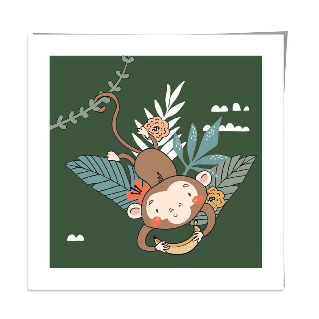 Cute Monkey Poster on Dark Green Jungle Kids Wall Art