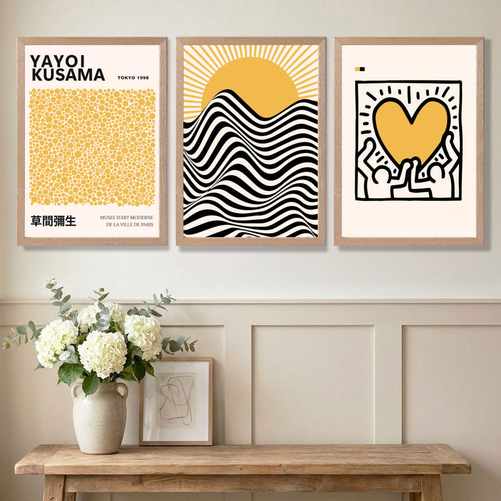 Panelled Hallway Showcasing a Set of 3 Yayoi Kusama, Japandi Yellow Art Prints in Oak Frames | Artze UK
