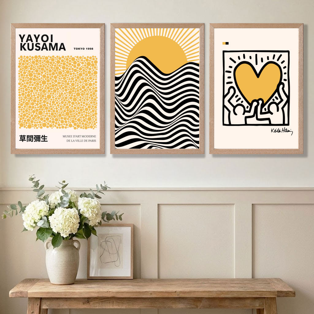 Panelled Hallway Showcasing a Set of 3 Yayoi Kusama, Keith Haring Yellow Art Prints in Oak Frames | Artze UK