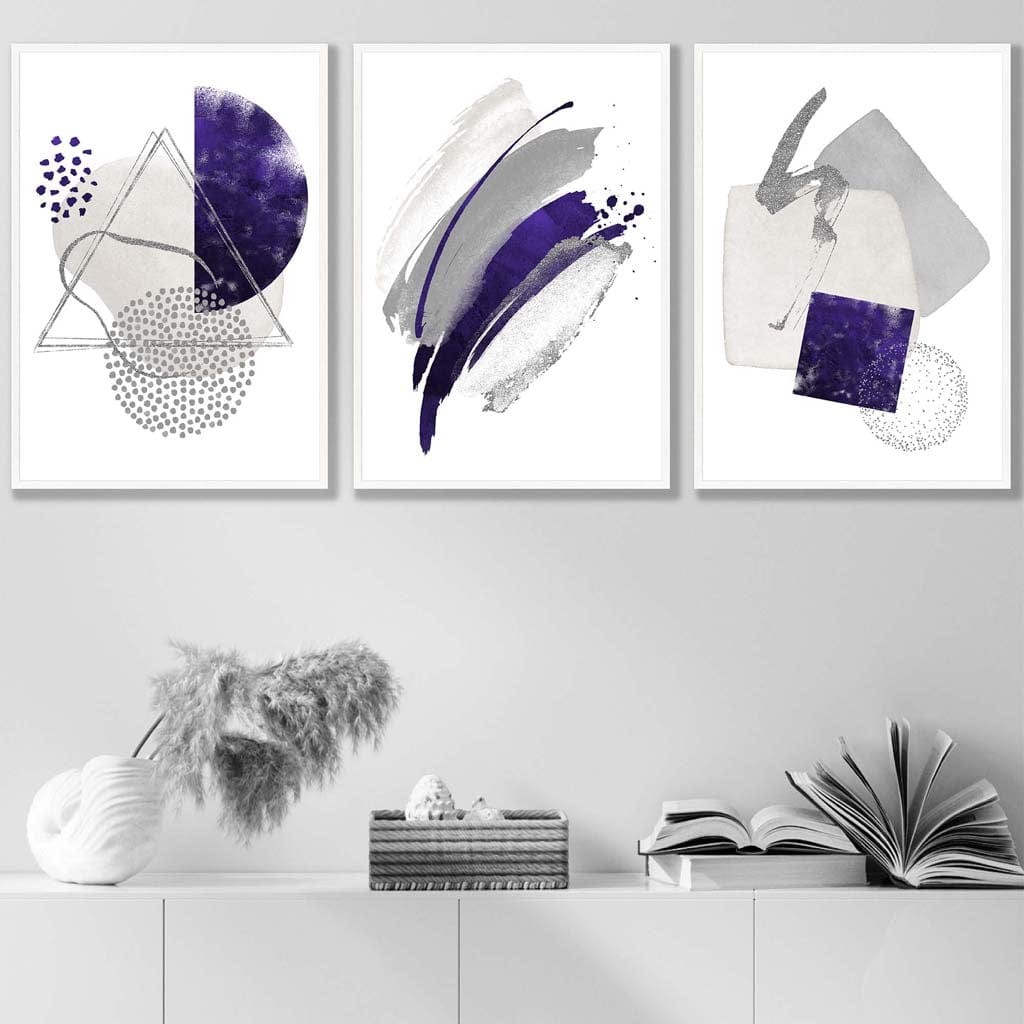 Abstract Purple Silver Watercolour Shapes Set of 3 Prints