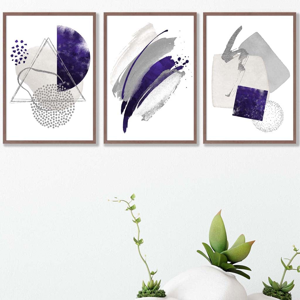 Abstract Purple Silver Watercolour Shapes Set of 3 Prints