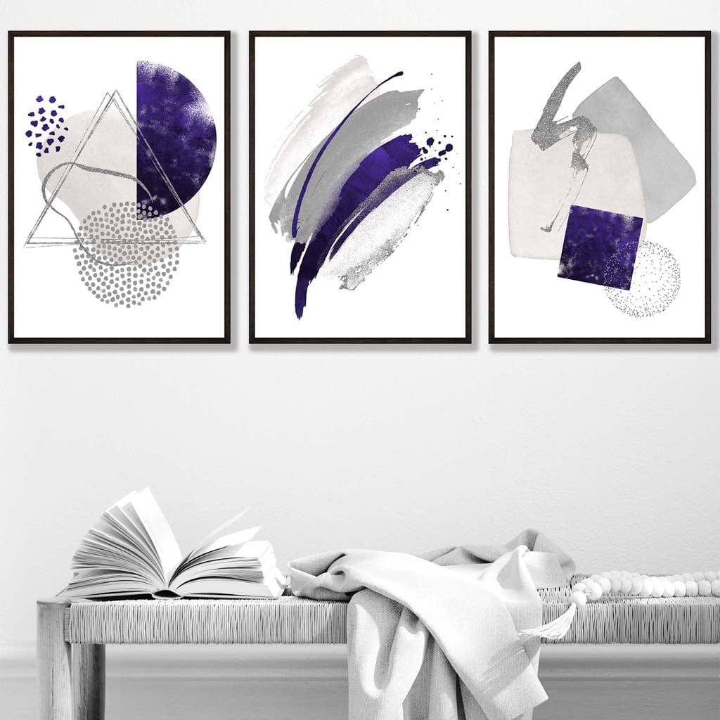 Abstract Purple Silver Watercolour Shapes Set of 3 Prints