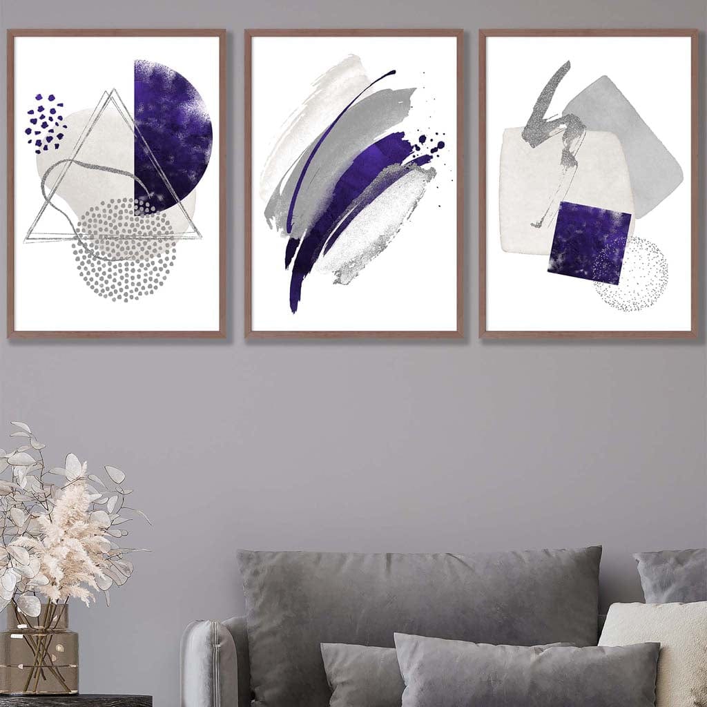 Abstract Purple Silver Watercolour Shapes Set of 3 Prints