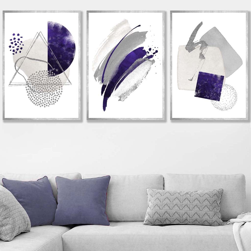 Abstract Purple Silver Watercolour Shapes Set of 3 Prints