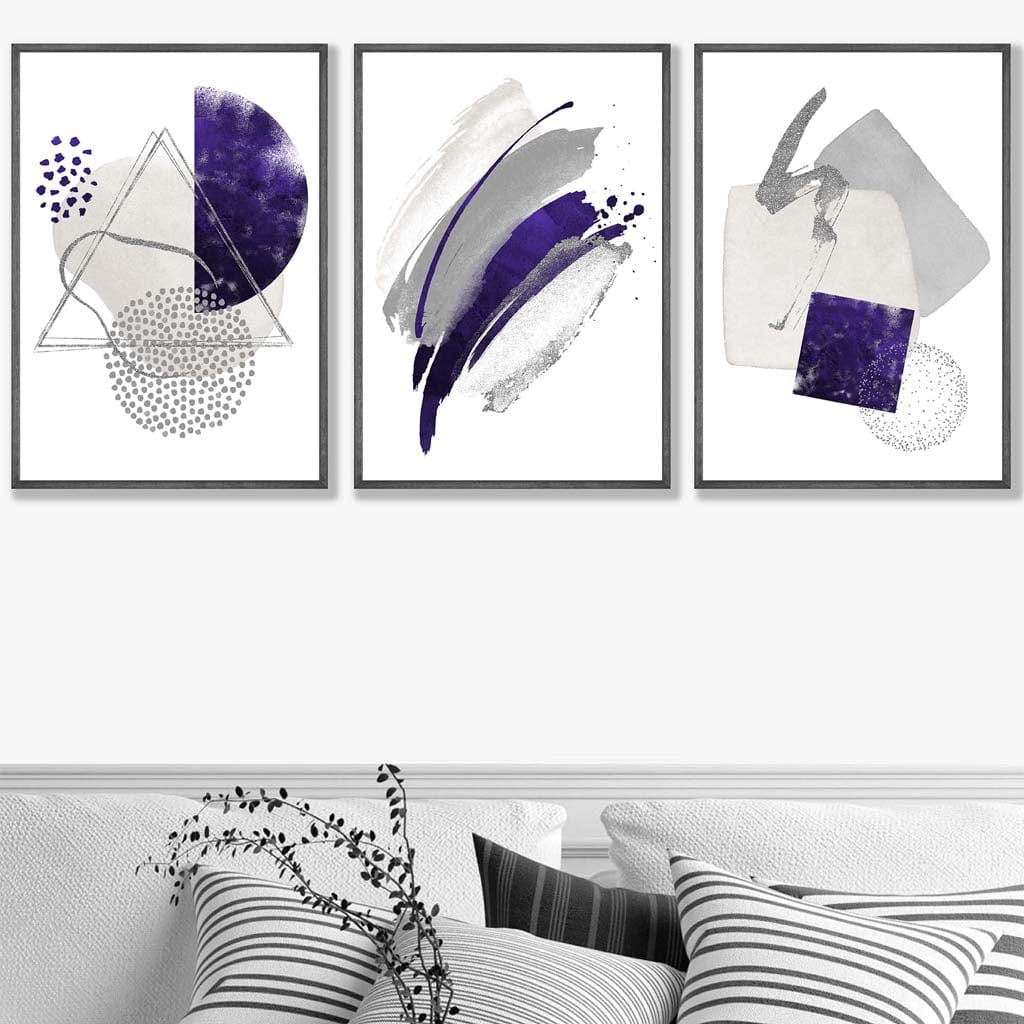 Abstract Purple Silver Watercolour Shapes Set of 3 Prints