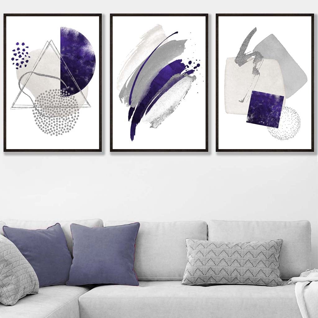Abstract Purple Silver Watercolour Shapes Set of 3 Prints
