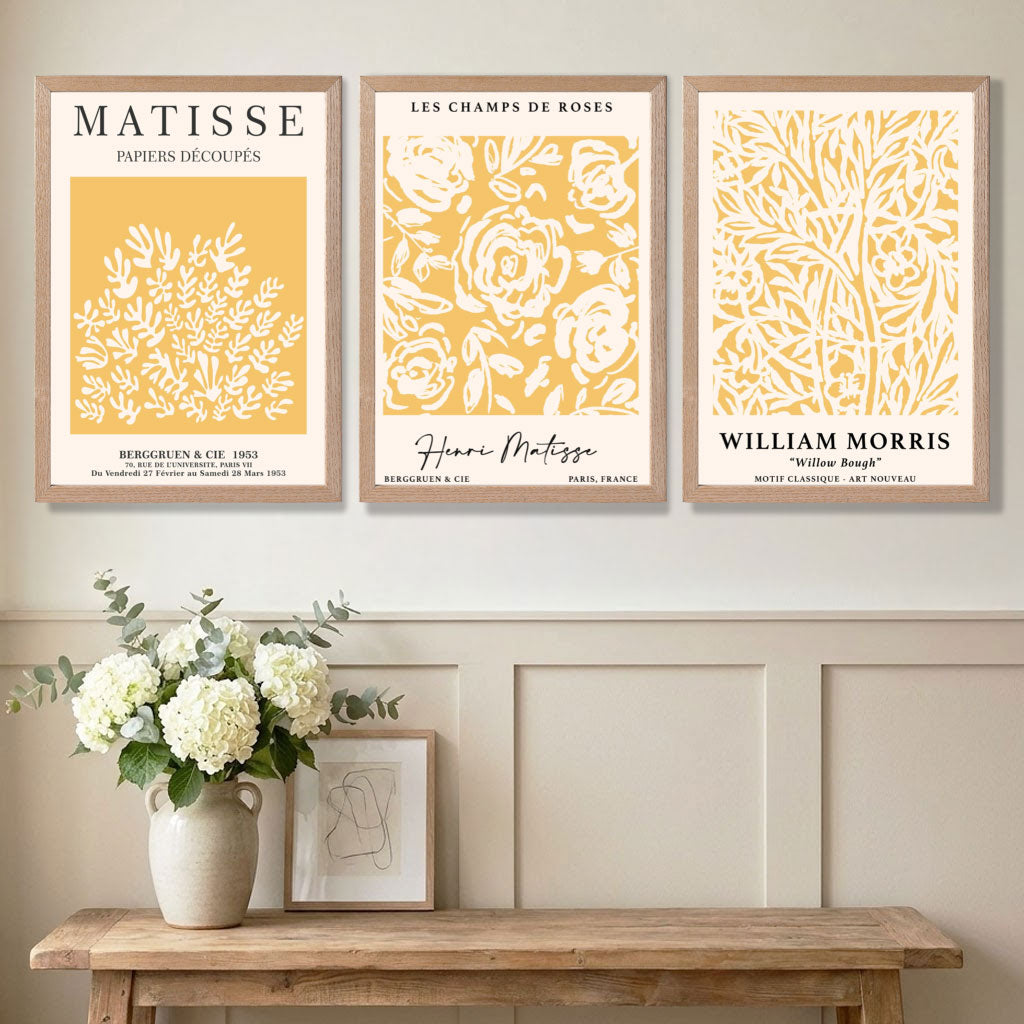 Quiet Luxury Decor featuring a Set of 3 Matisse & William Morris Floral in Yellow Art Prints in Oak Frames | Artze UK