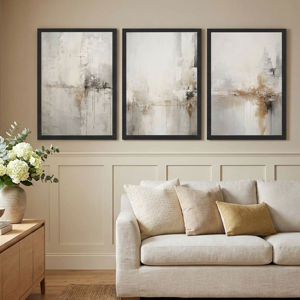 Quiet Luxury Interior showcasing Set of 3 Minimal Abstract Neutral Greige Art Prints in Black Frames | Artze UK