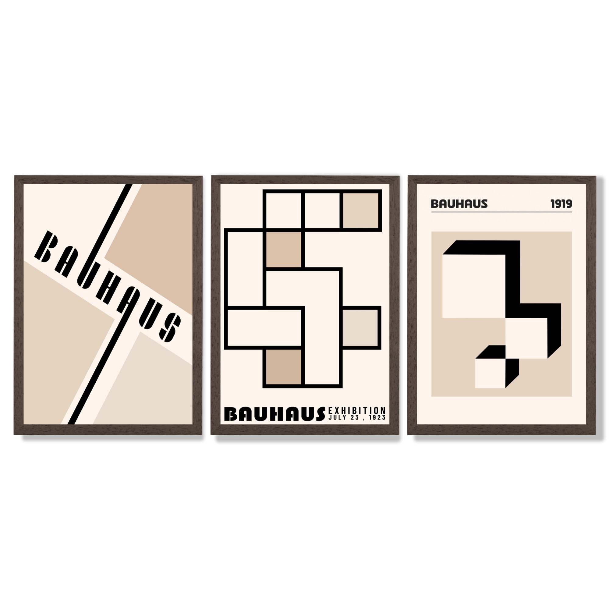 Set of 3 Bauhaus Geometric Neutral Beige Framed Wall Art with Dark Wood Frames