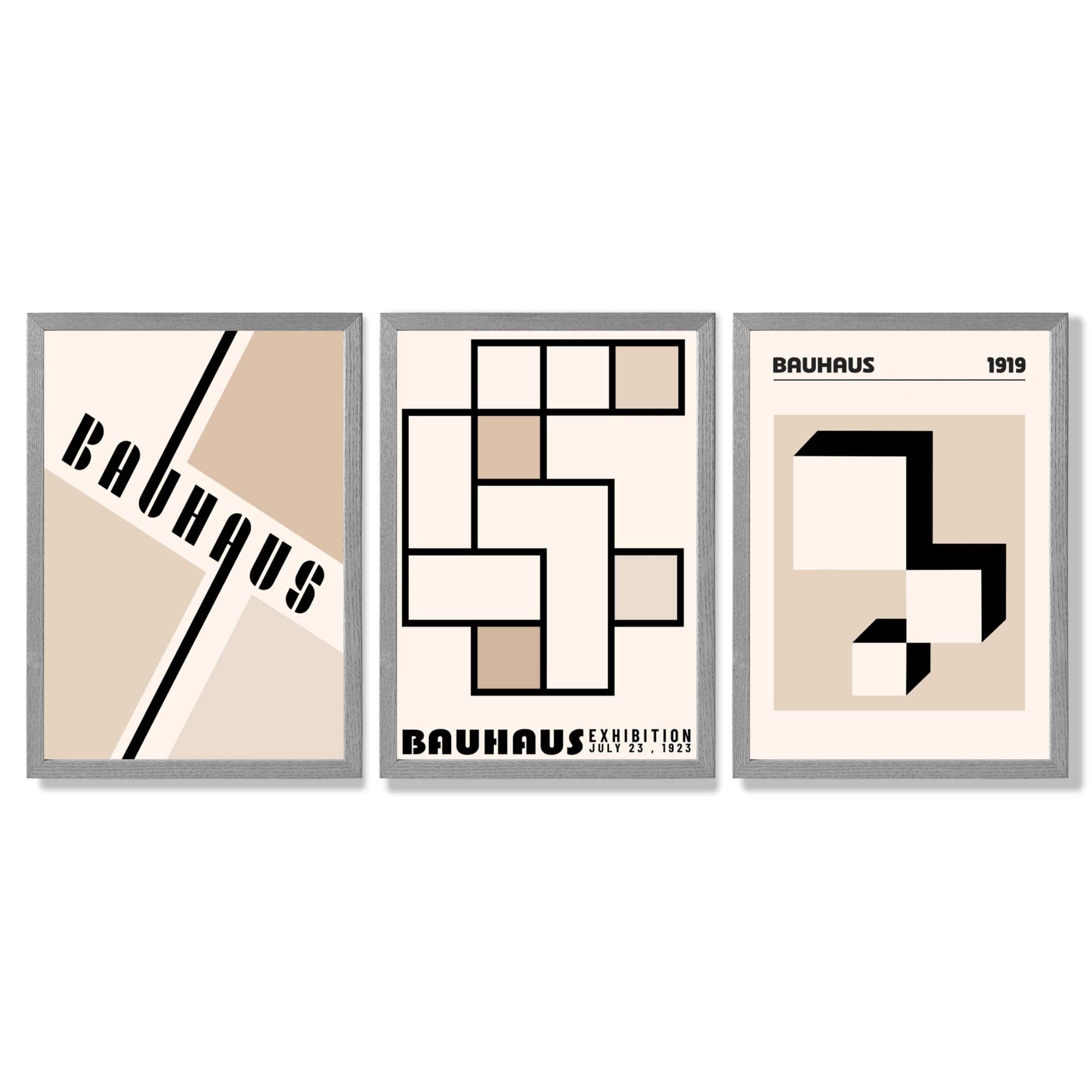 Set of 3 Bauhaus Geometric Neutral Beige Framed Wall Art with Light Grey Wooden Frames