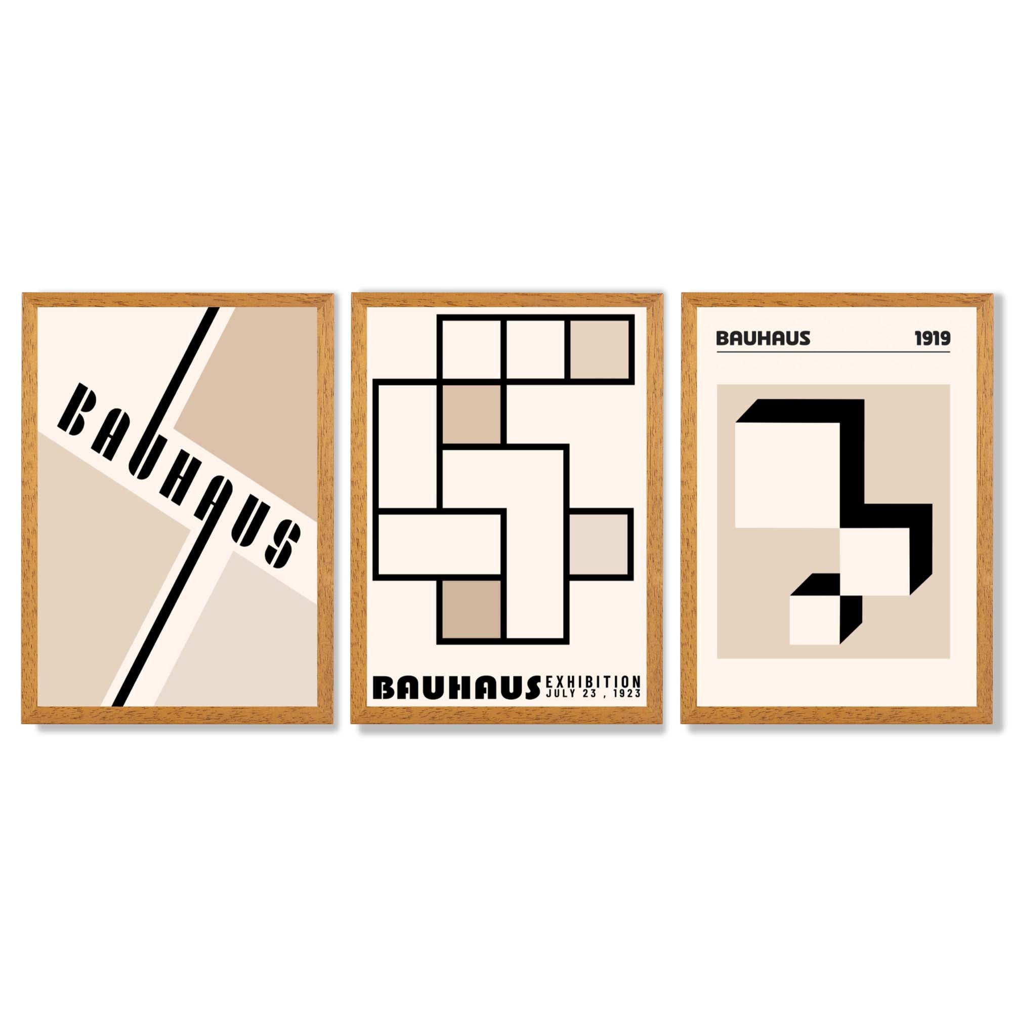 Set of 3 Bauhaus Geometric Neutral Beige Framed Wall Art with Oak Wooden Frames