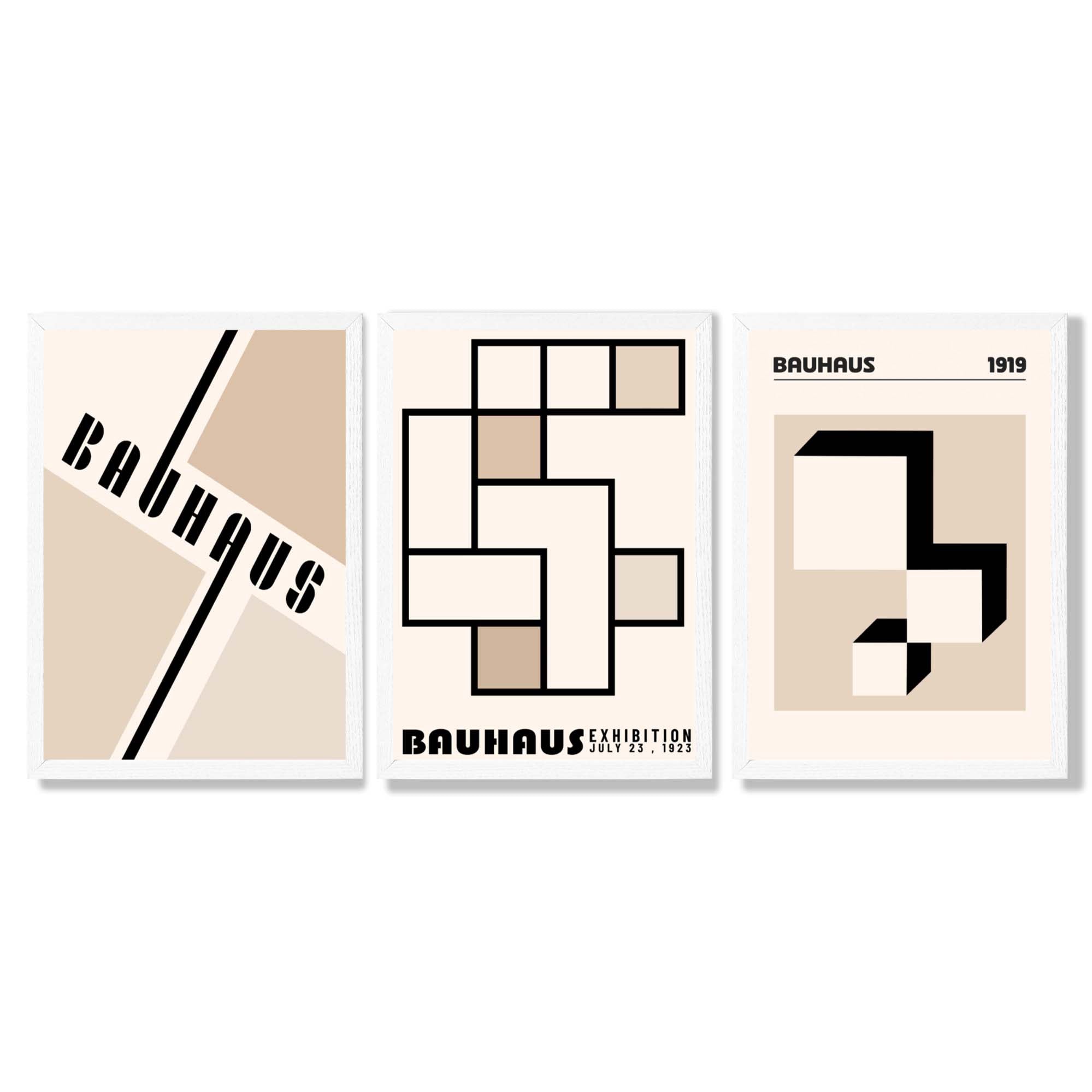Set of 3 Bauhaus Geometric Neutral Beige Framed Wall Art with White Wooden Frames