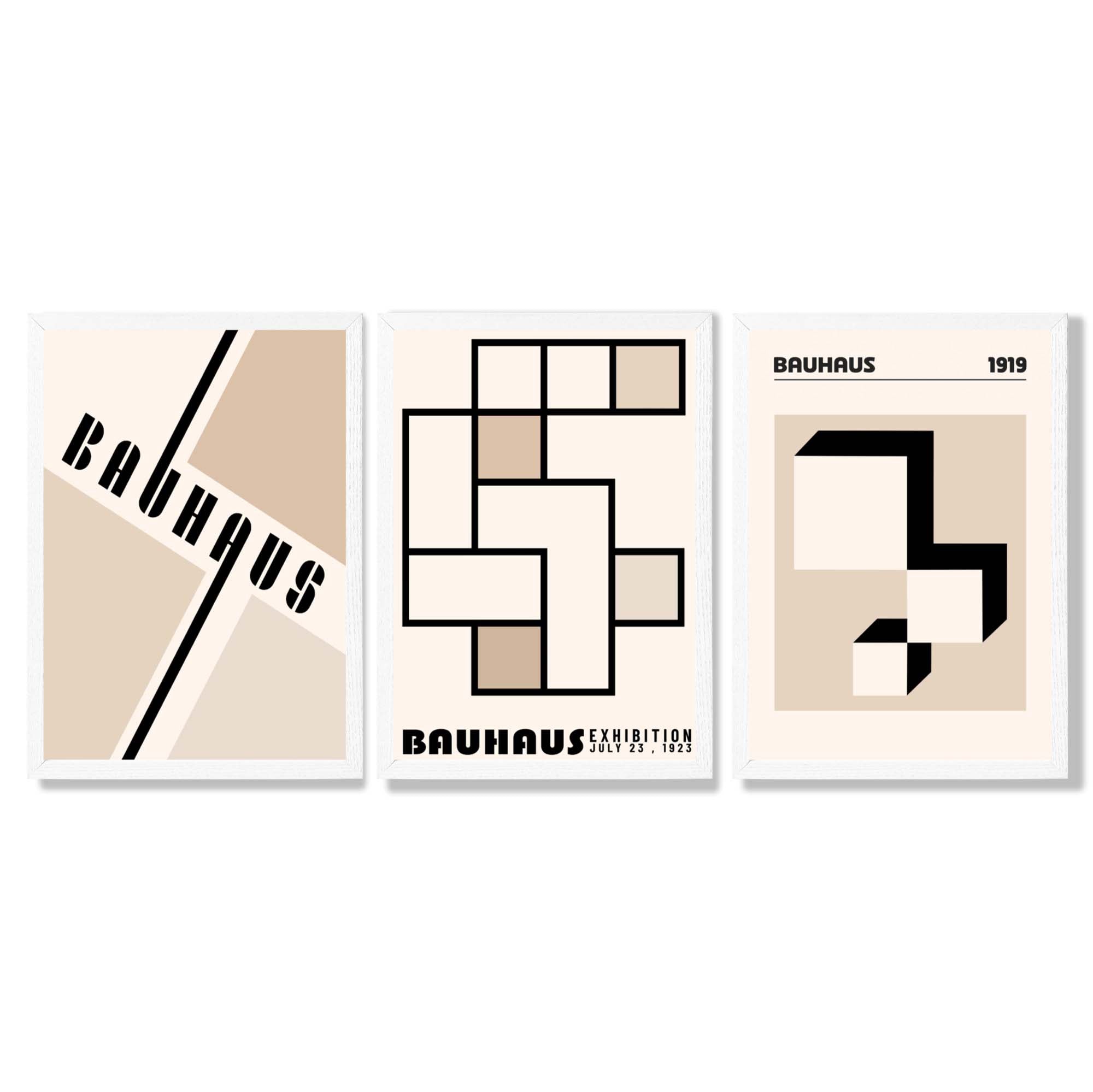 Set of 3 Bauhaus Geometric Neutral Beige Framed Wall Art with White Wooden Frames