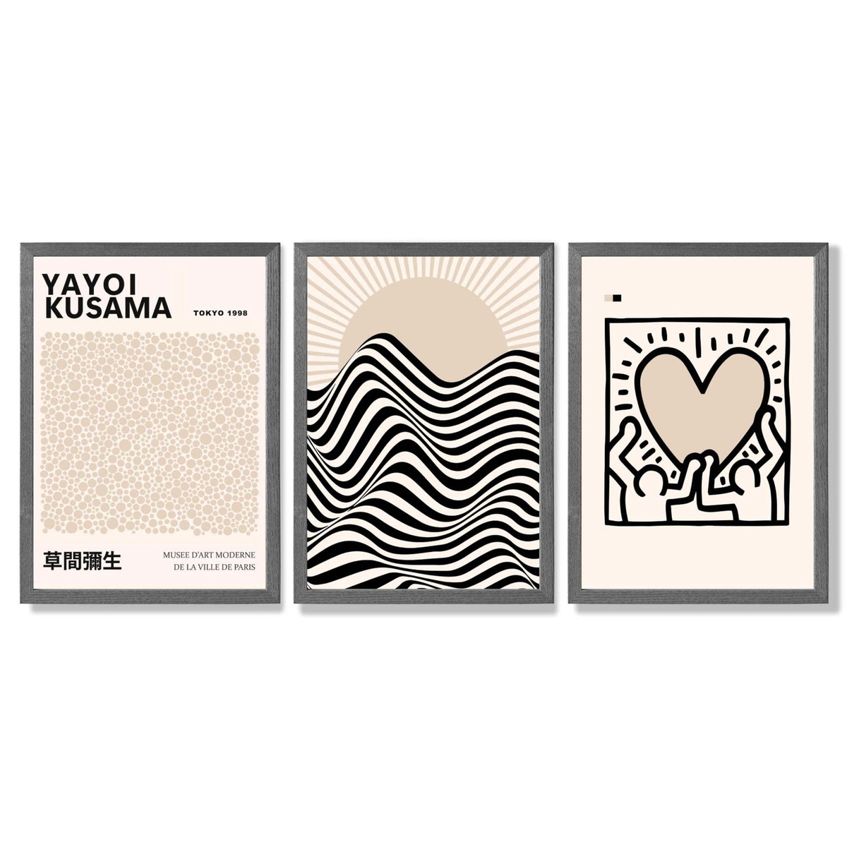 Set of 3 Beige Bauhaus, Yayoi Kusama Japandi Modern Framed Wall Art with Dark Grey Wooden Frames