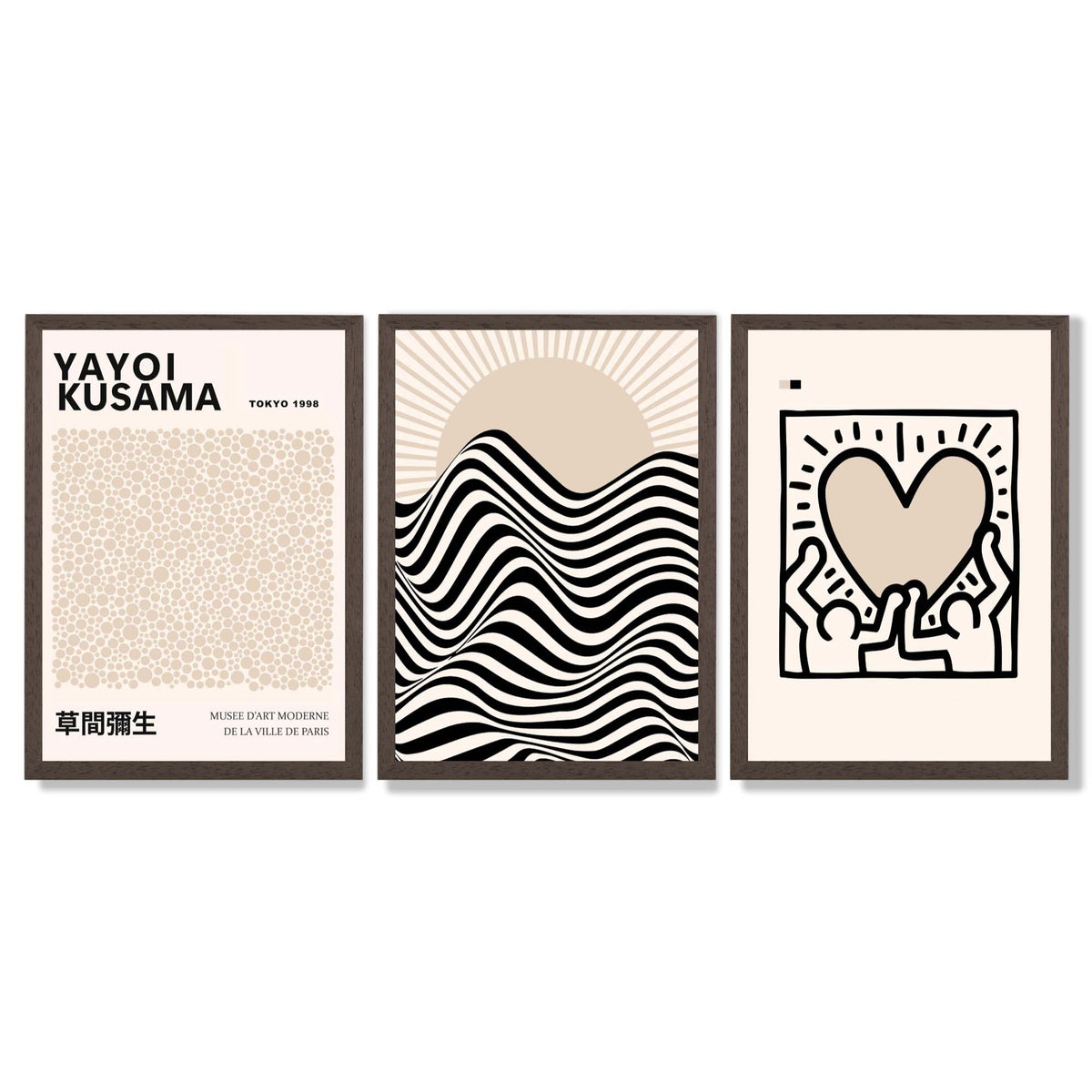 Set of 3 Beige Bauhaus, Yayoi Kusama Japandi Modern Framed Wall Art with Dark Wood Frames