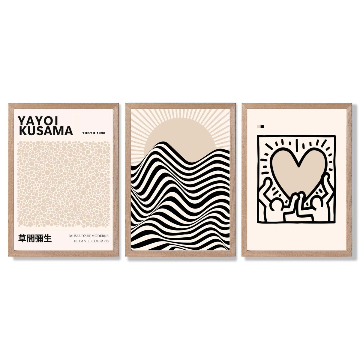 Set of 3 Beige Bauhaus, Yayoi Kusama Japandi Modern Framed Wall Art with Light Oak Frames
