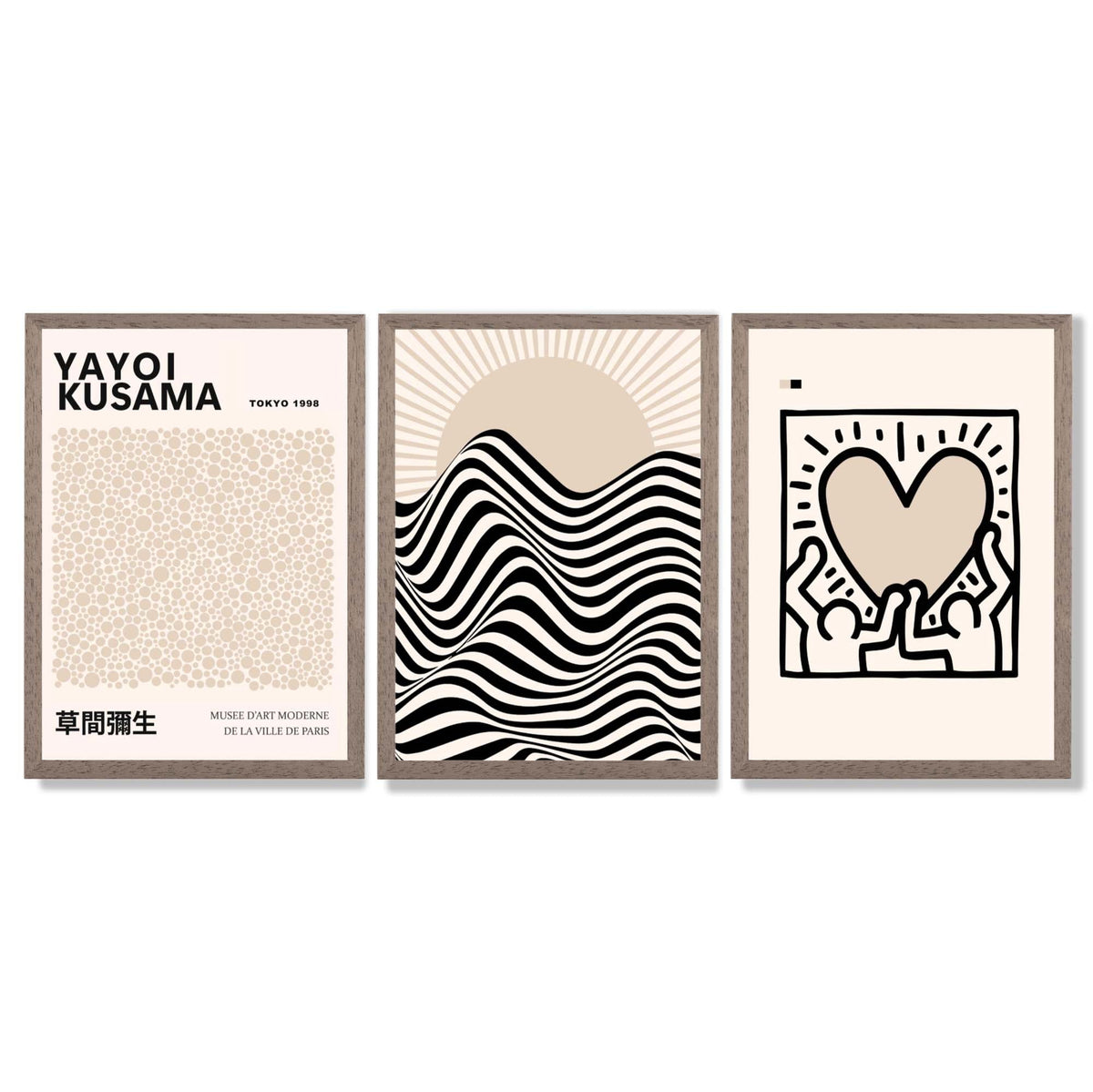 Set of 3 Beige Bauhaus, Yayoi Kusama Japandi Modern Framed Wall Art with Light Walnut Frames