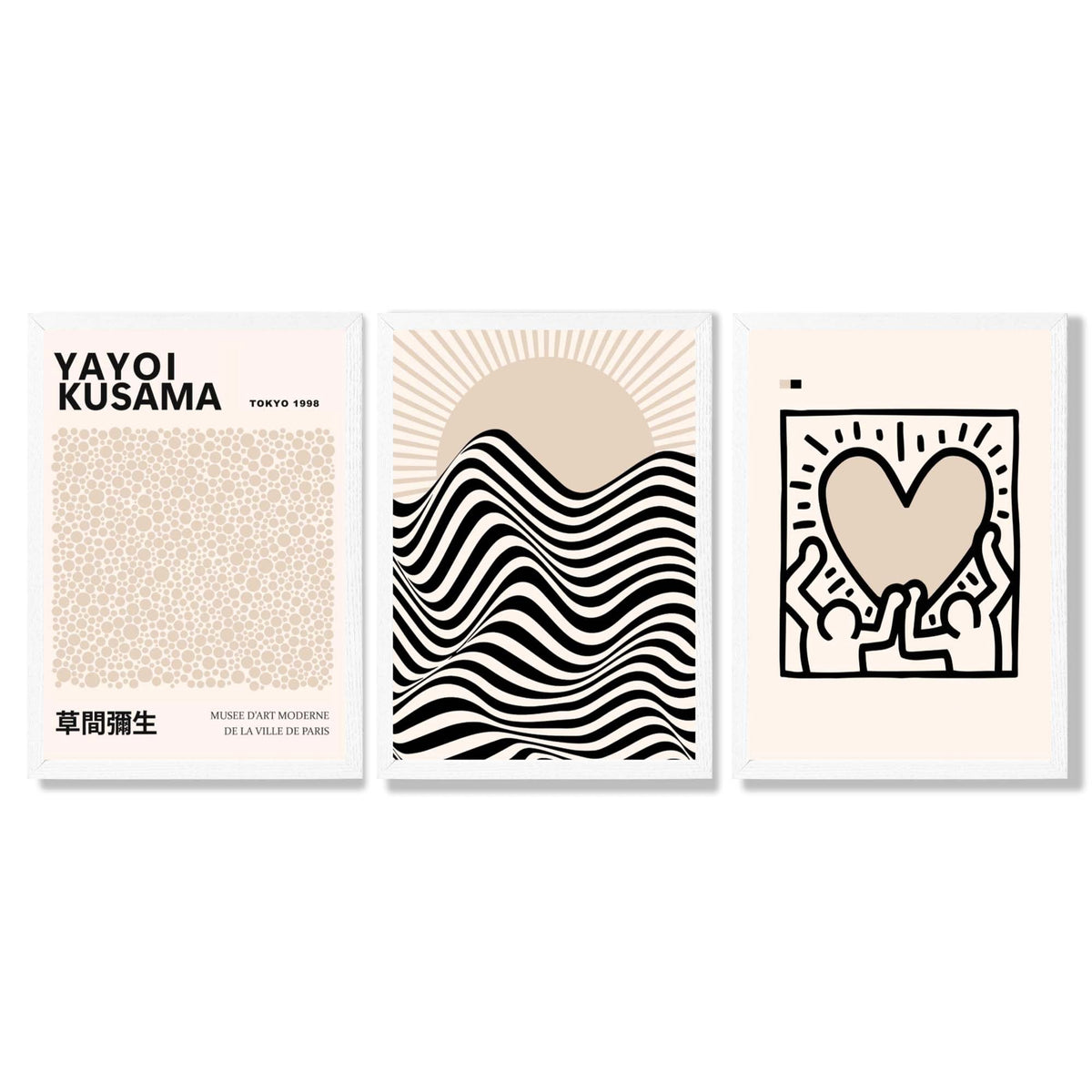 Set of 3 Beige Bauhaus, Yayoi Kusama Japandi Modern Framed Wall Art with White Wooden Frames