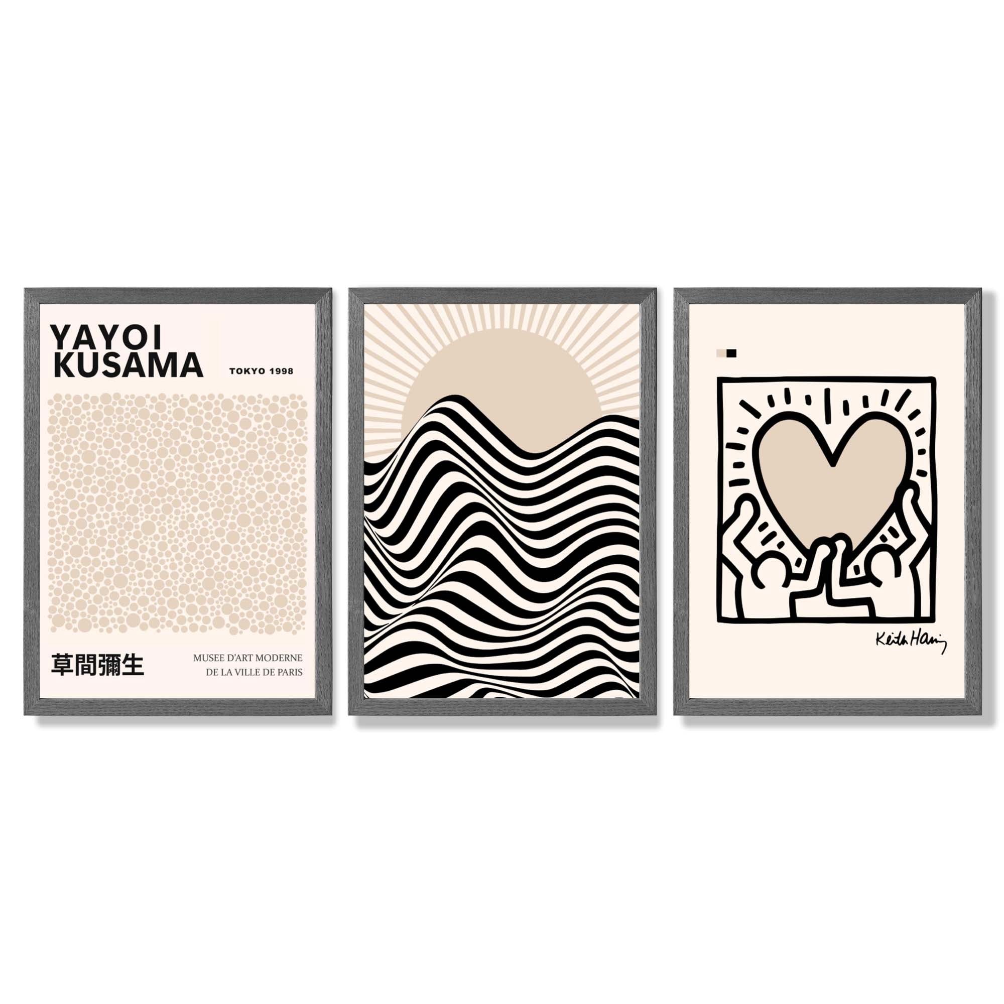 Set of 3 Beige Bauhaus, Yayoi Kusama and Keith Haring Modern Framed Wall Art with Dark Grey Wooden Frames