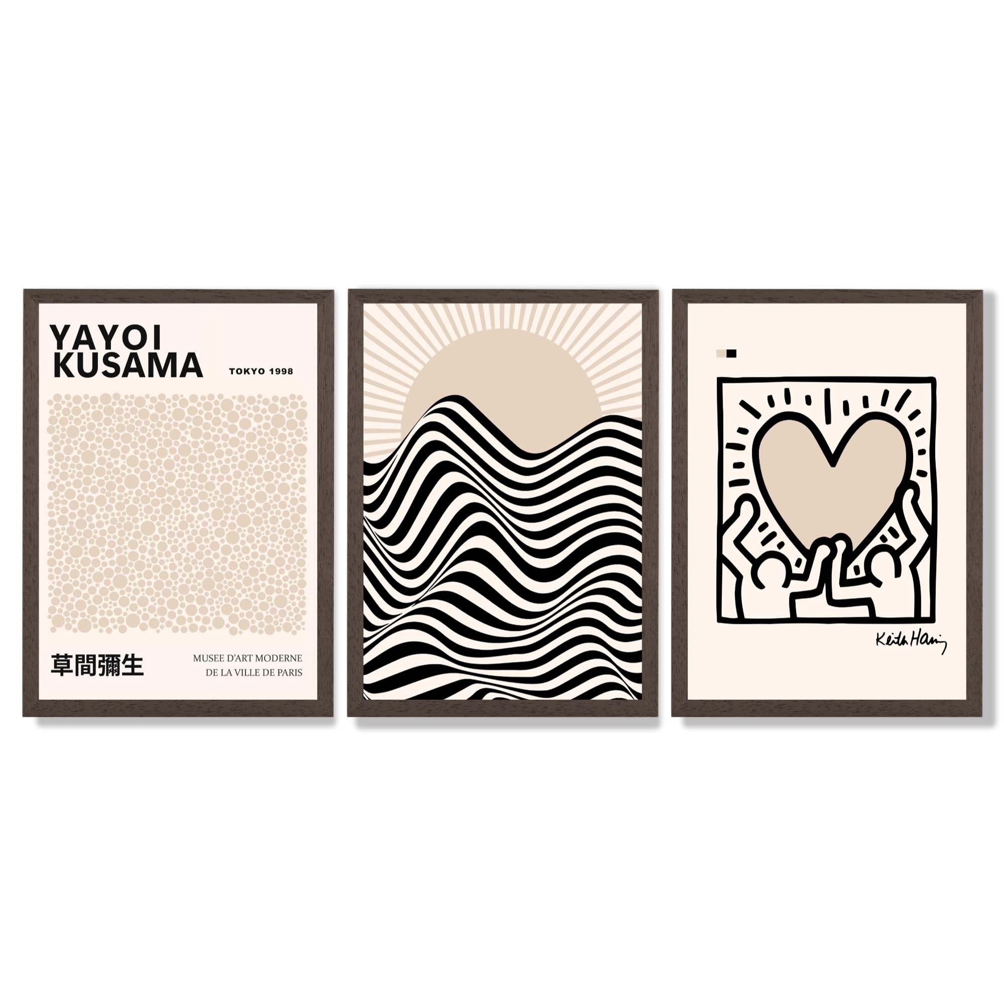 Set of 3 Beige Bauhaus, Yayoi Kusama and Keith Haring Modern Framed Wall Art with Dark Wood Frames
