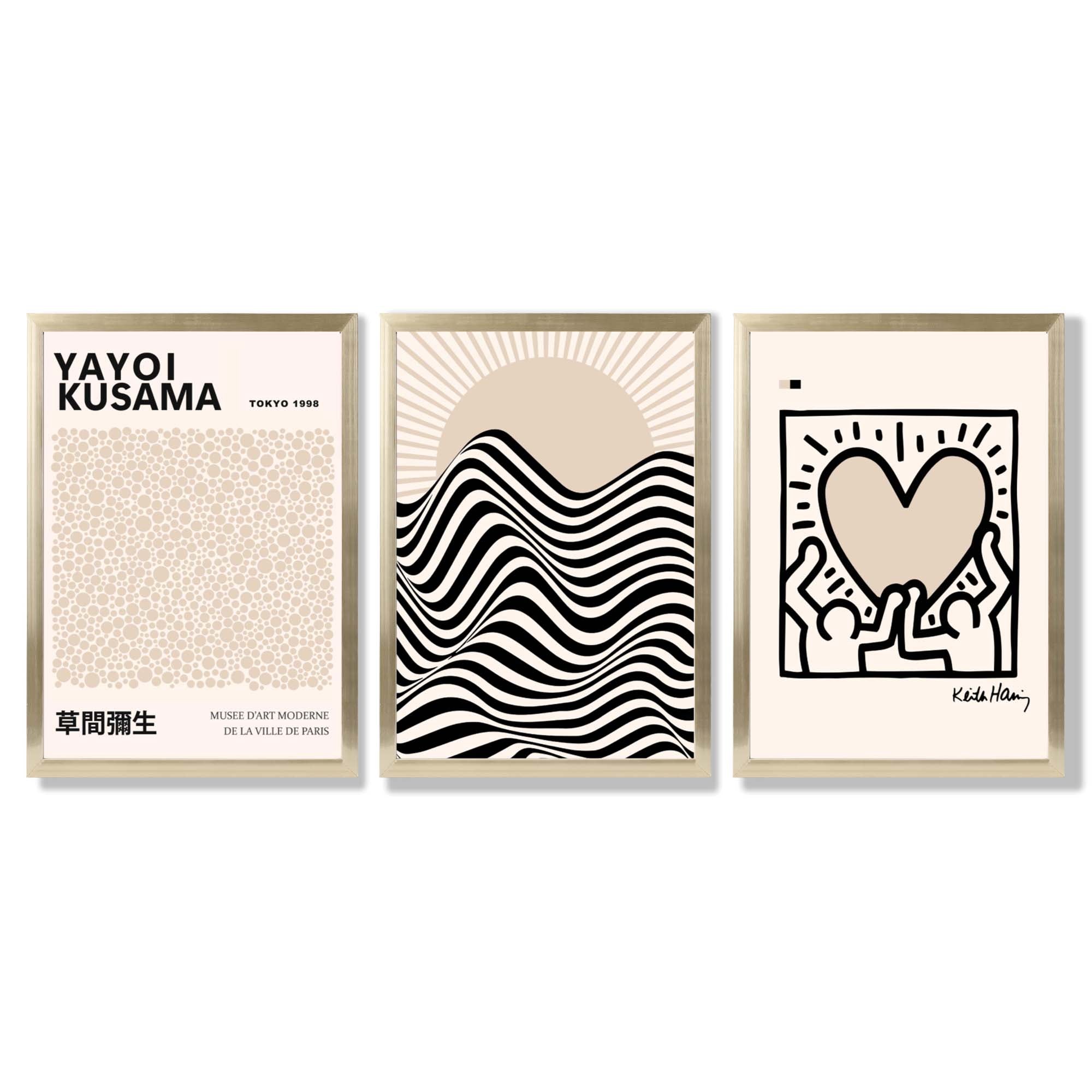 Set of 3 Beige Bauhaus, Yayoi Kusama and Keith Haring Modern Framed Wall Art with Gold Wood Frames