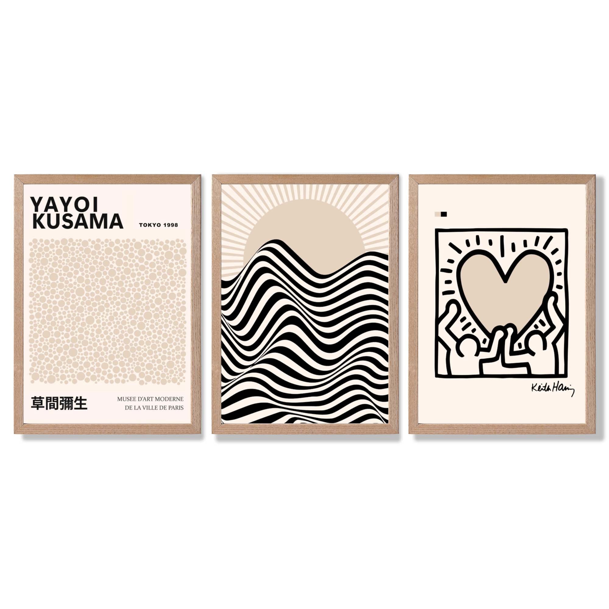 Set of 3 Beige Bauhaus, Yayoi Kusama and Keith Haring Modern Framed Wall Art with Light Oak Frames