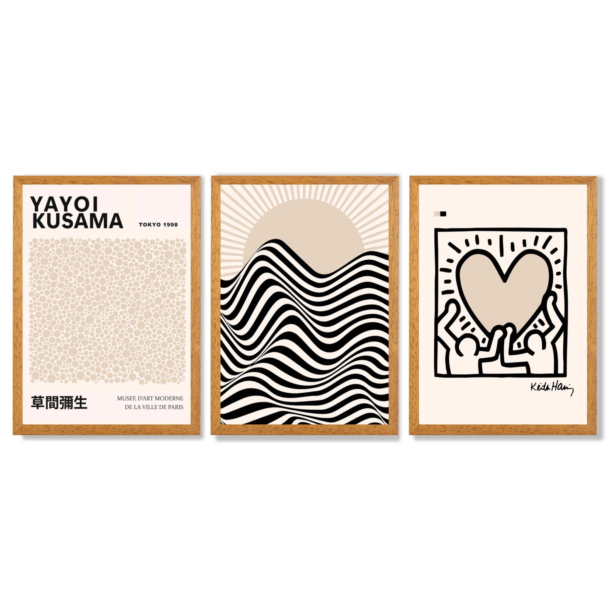 Set of 3 Beige Bauhaus, Yayoi Kusama and Keith Haring Modern Framed Wall Art with Oak Wooden Frames