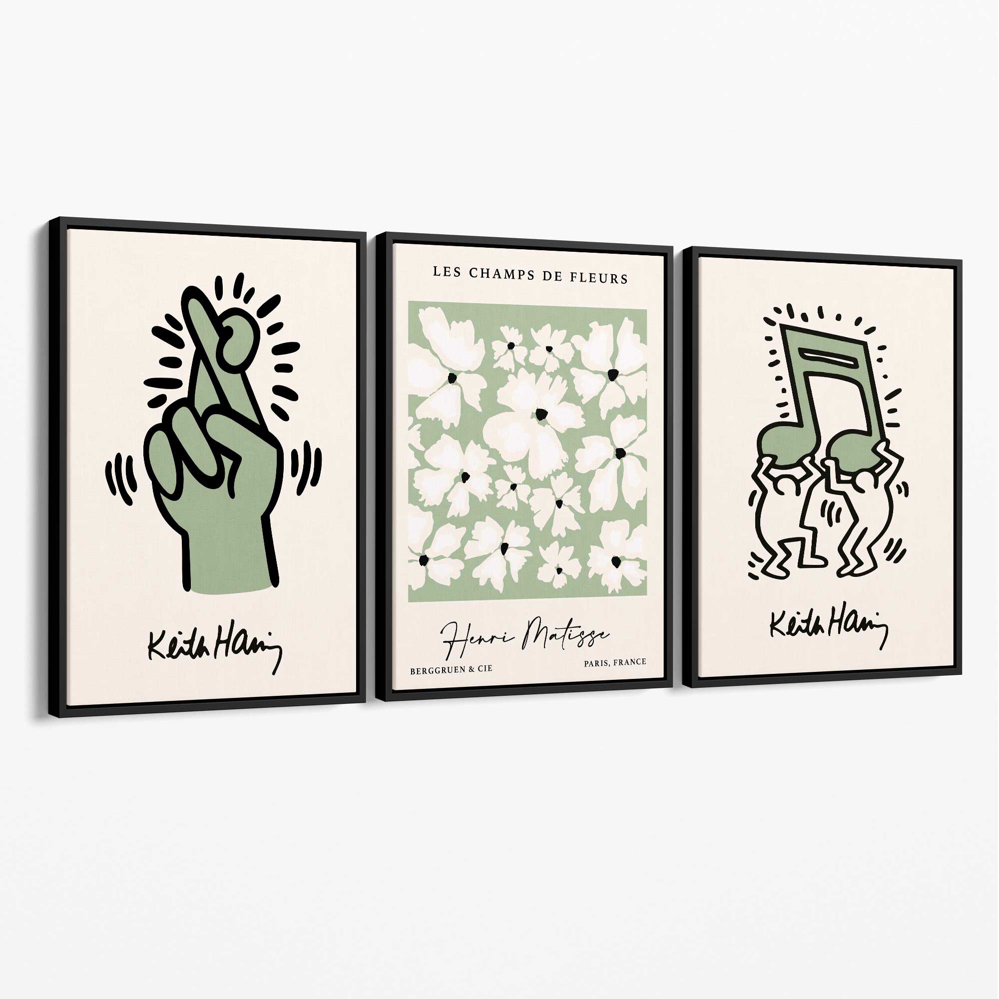 Set of 3 Keith Haring meets Matisse in Green Canvas Prints with Black Float Frame