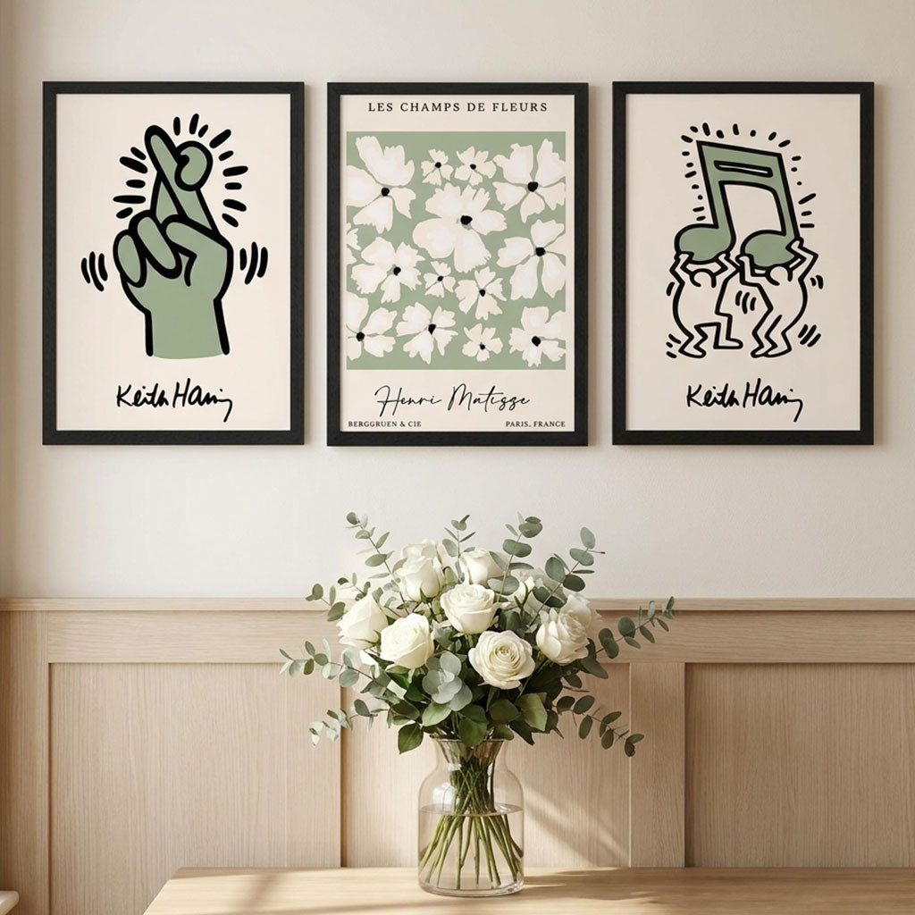 Set of 3 Keith Haring meets Matisse in Green Framed Wall Art with Black Wooden Frames