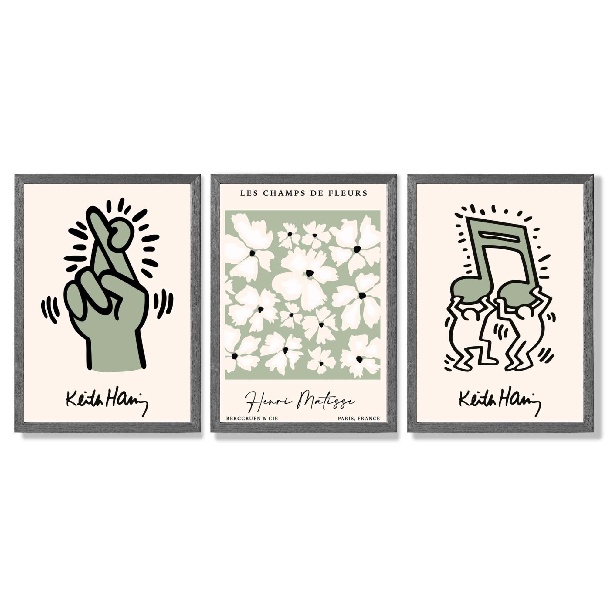 Set of 3 Keith Haring meets Matisse in Green Framed Wall Art with Dark Grey Wooden Frames