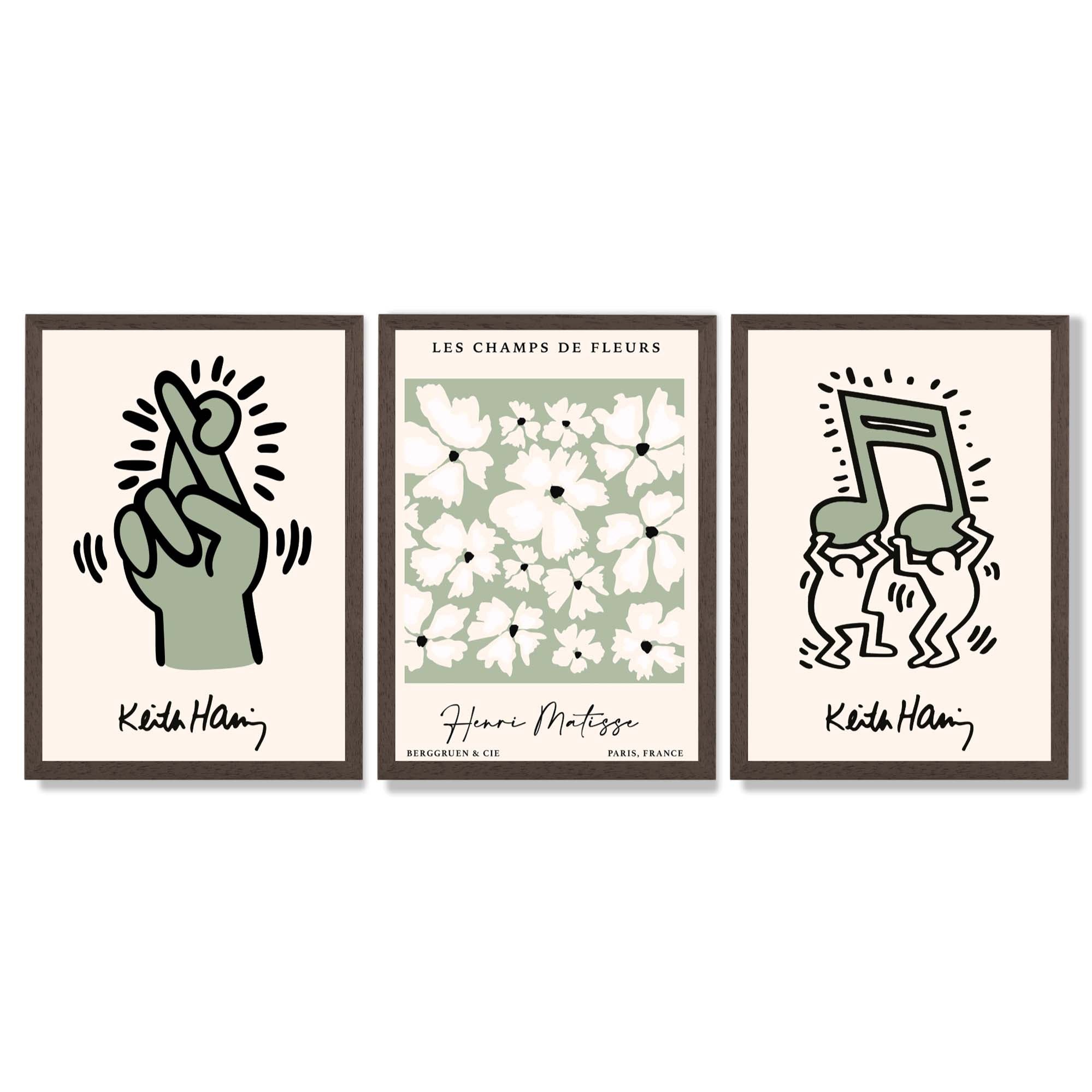 Set of 3 Keith Haring meets Matisse in Green Framed Wall Art with Dark Wood Frames