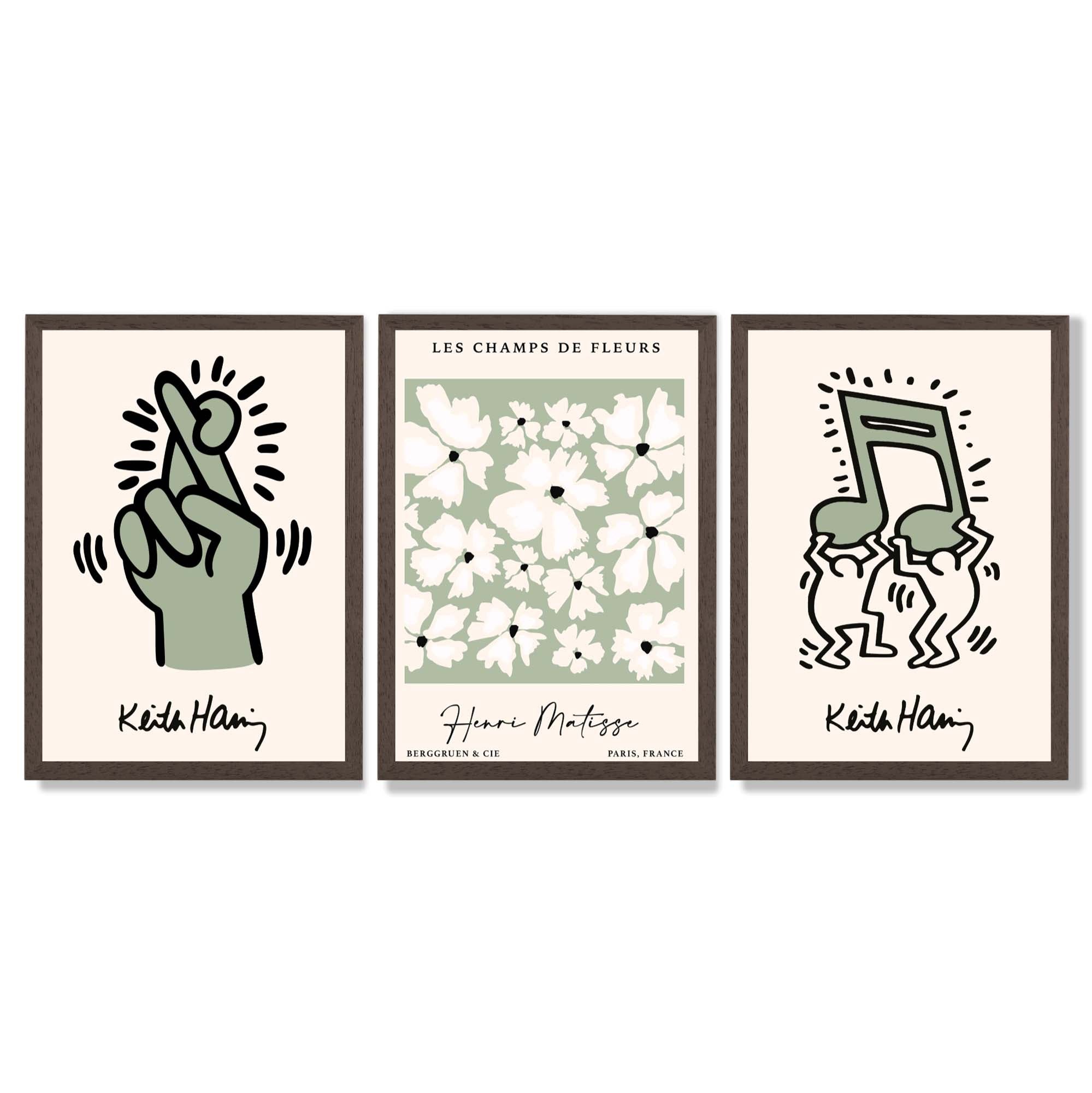Set of 3 Keith Haring meets Matisse in Green Framed Wall Art with Dark Wood Frames