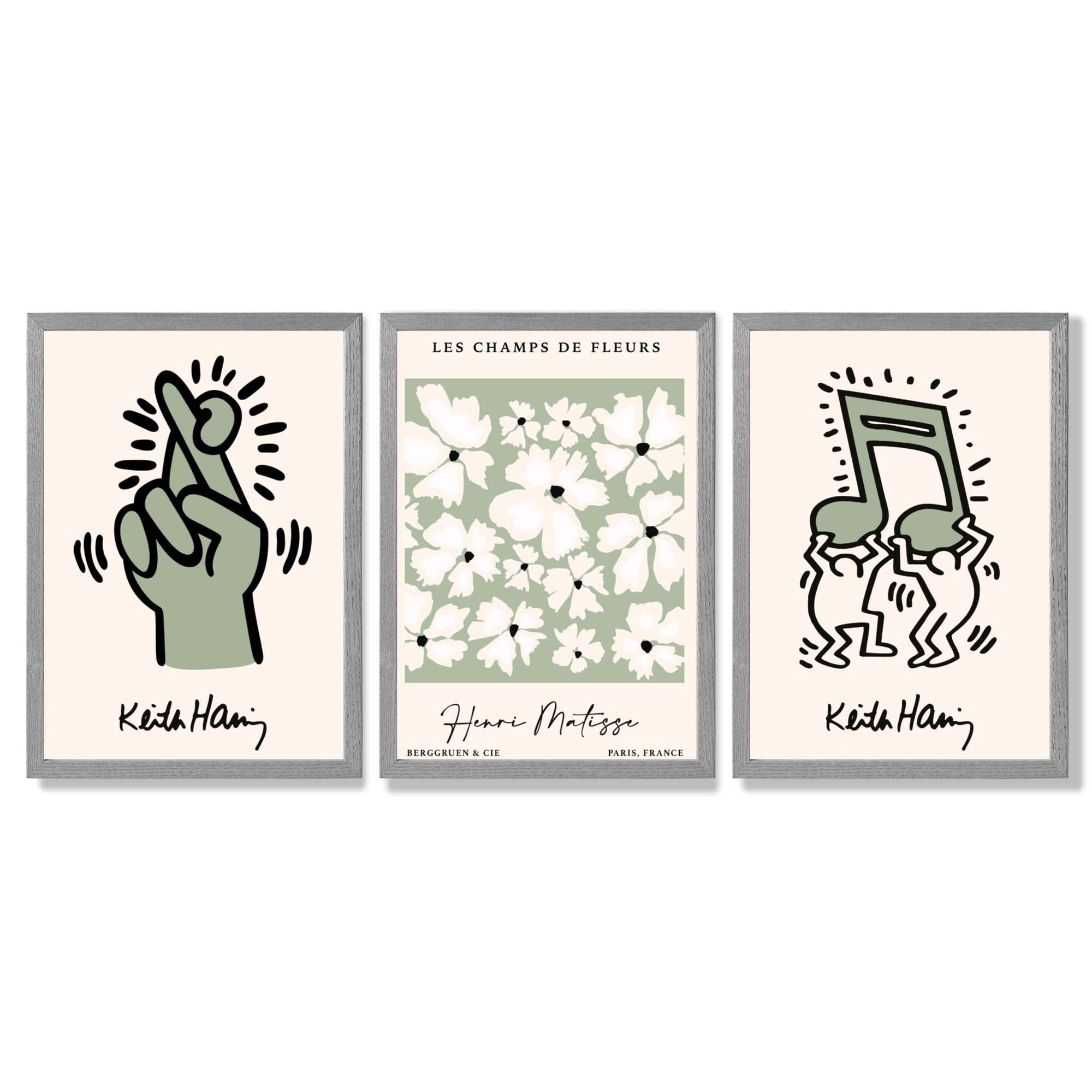 Set of 3 Keith Haring meets Matisse in Green Framed Wall Art with Light Grey Wooden Frames