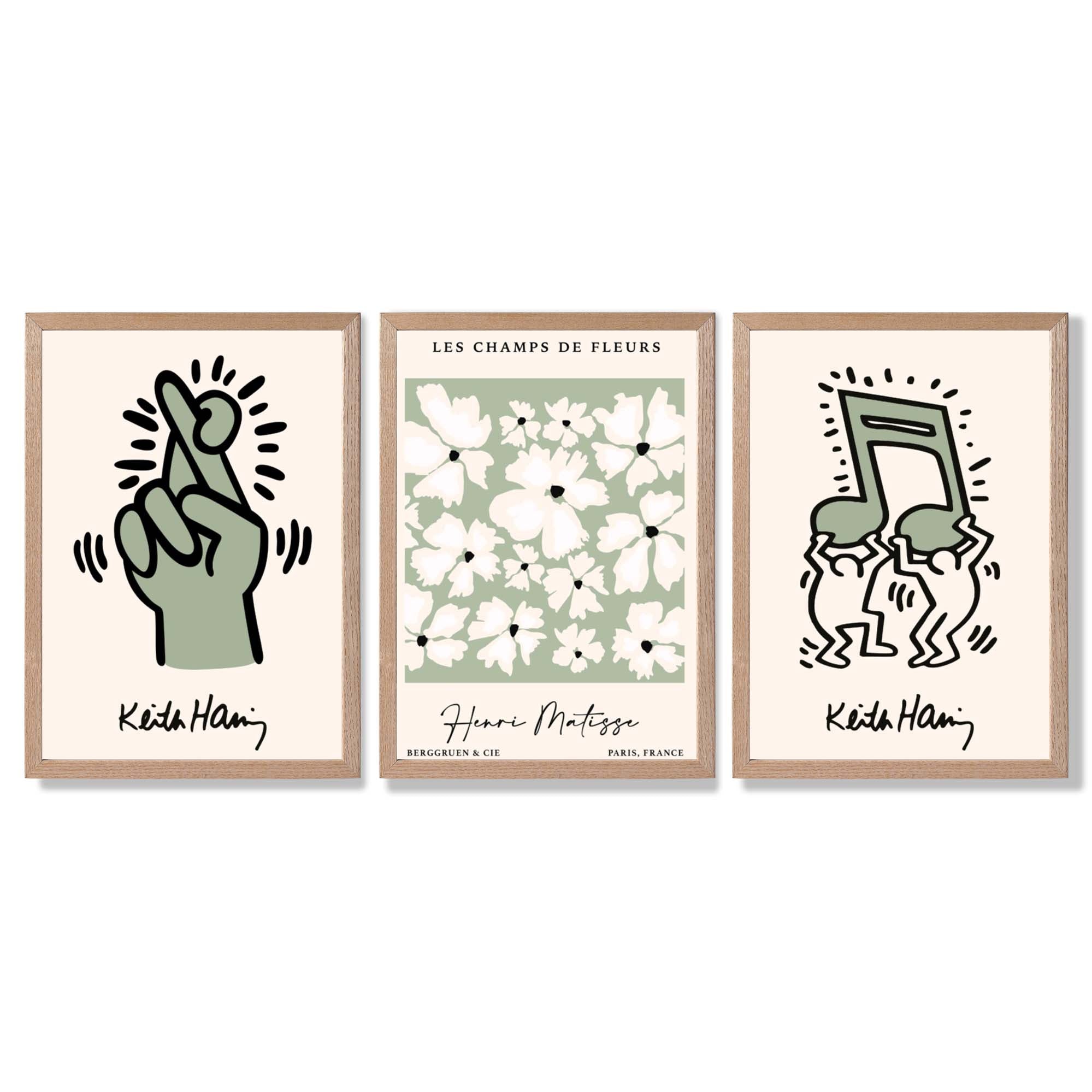 Set of 3 Keith Haring meets Matisse in Green Framed Wall Art with Light Oak Frames